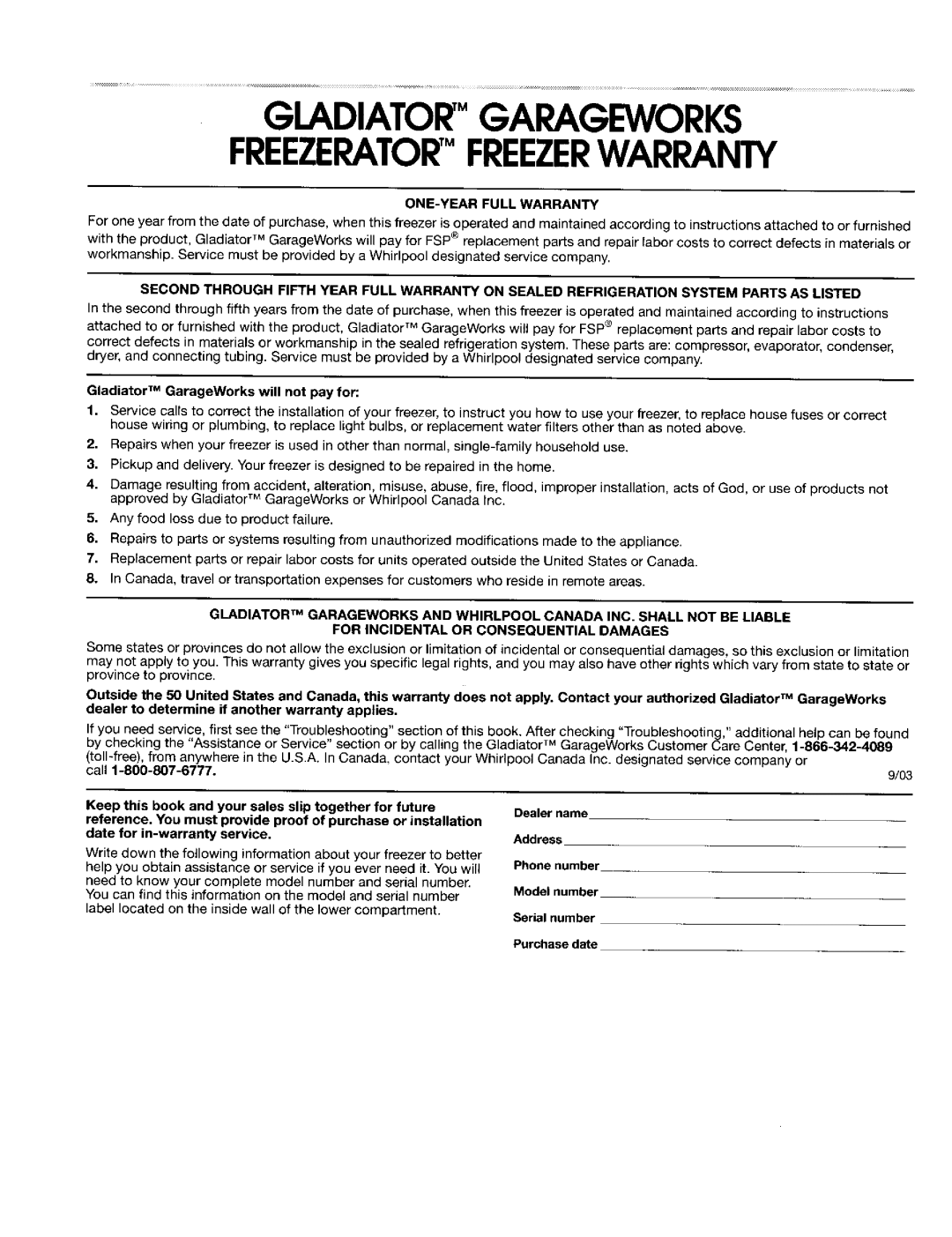 Gladiator Garageworks manual Gladiatorgarageworks Freezeratorfreezerwarranty, Gladiator TM GarageWorks will not pay for 