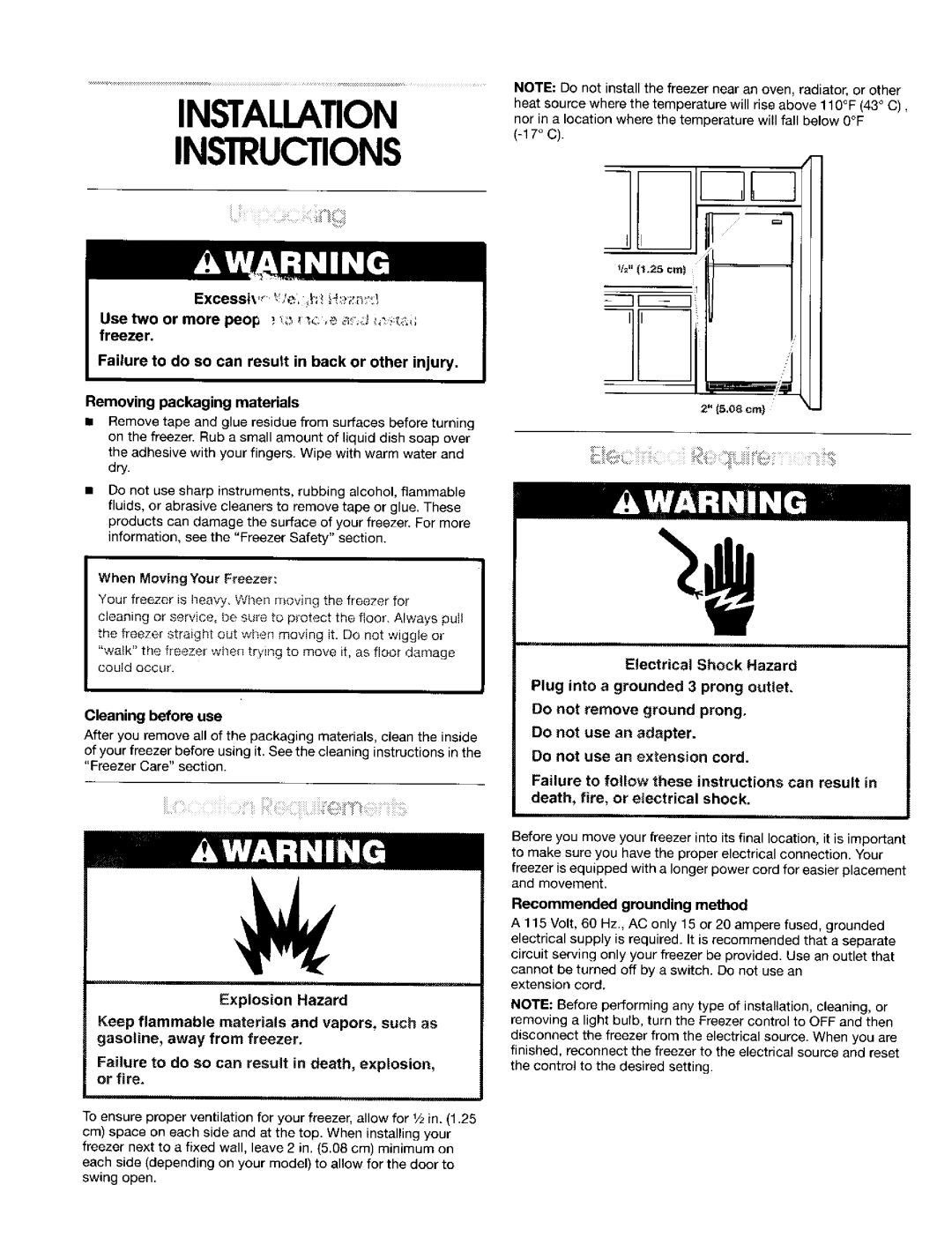 Gladiator Garageworks Freezer manual Failure to do so can result in death, explosion, Removing packaging materials 