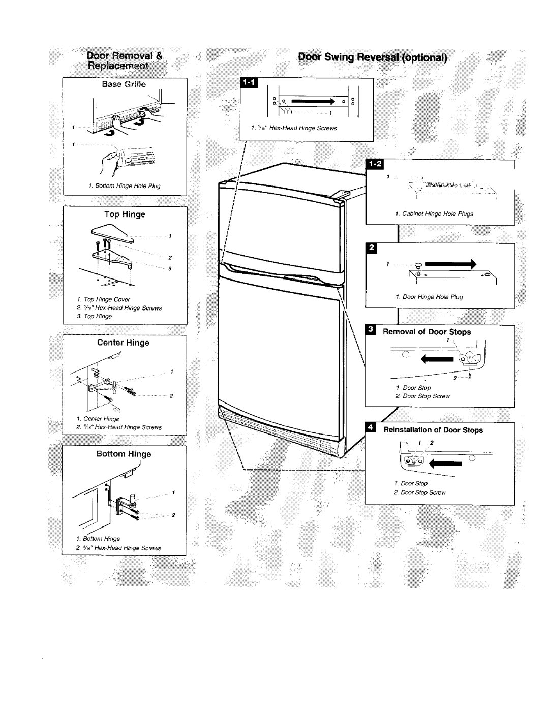 Gladiator Garageworks Freezer manual Top Hinge, Bottom Hinge, Removal of Door Stops 