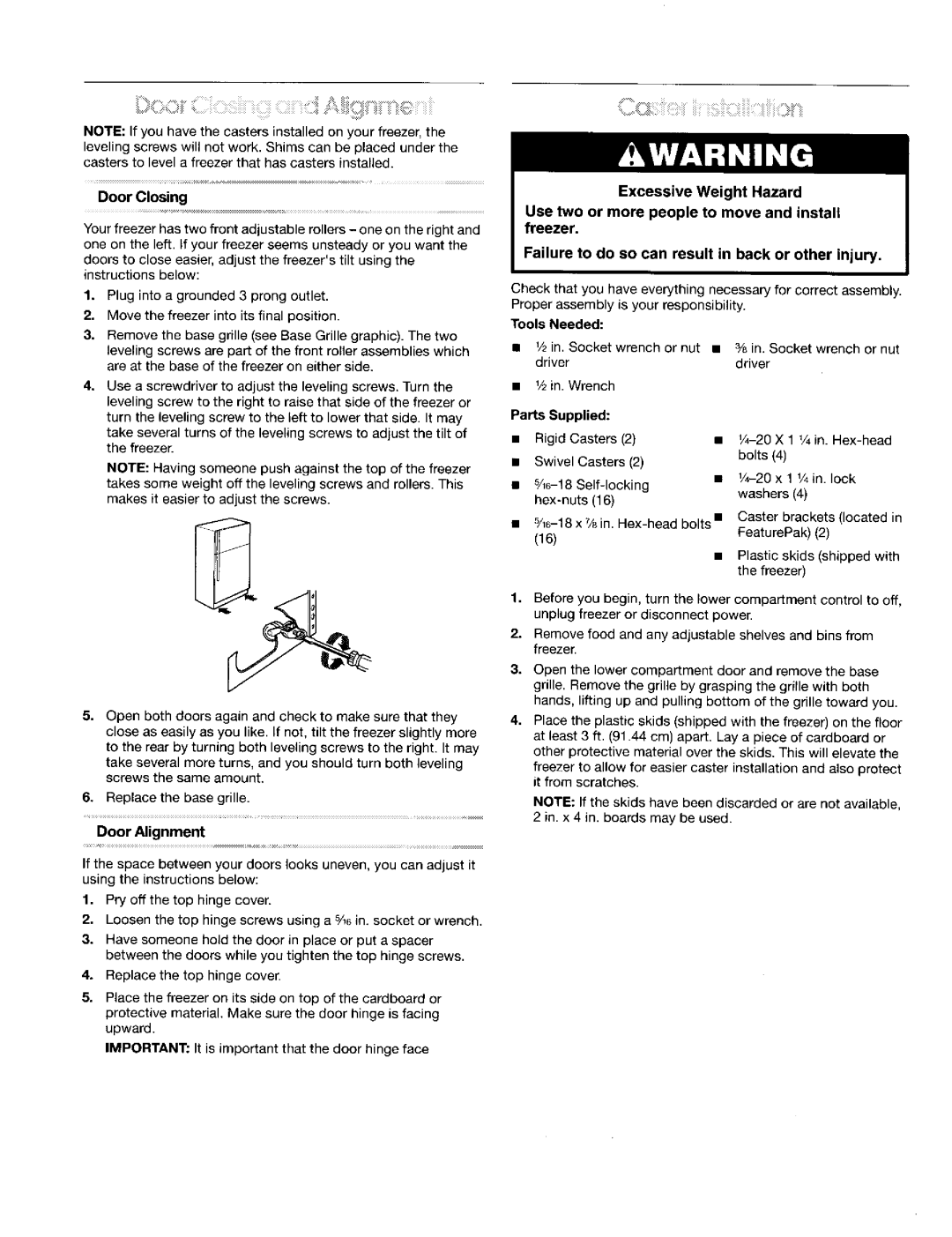 Gladiator Garageworks Freezer manual Door Closing, Door Alignment, Tools Needed, Parts Supplied 