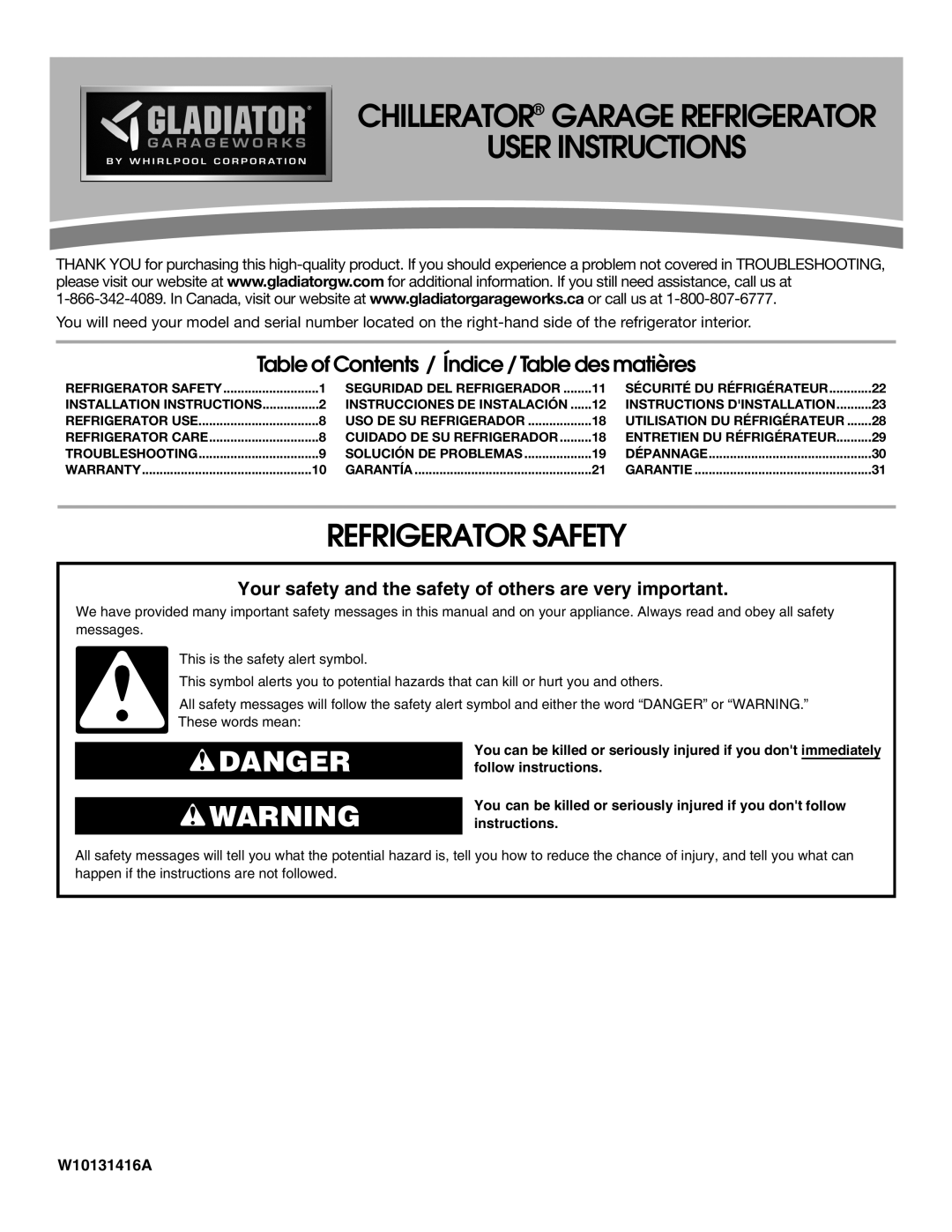 Gladiator Garageworks W10131416A, GARF19XXVK manual User Instructions, Refrigerator Safety 