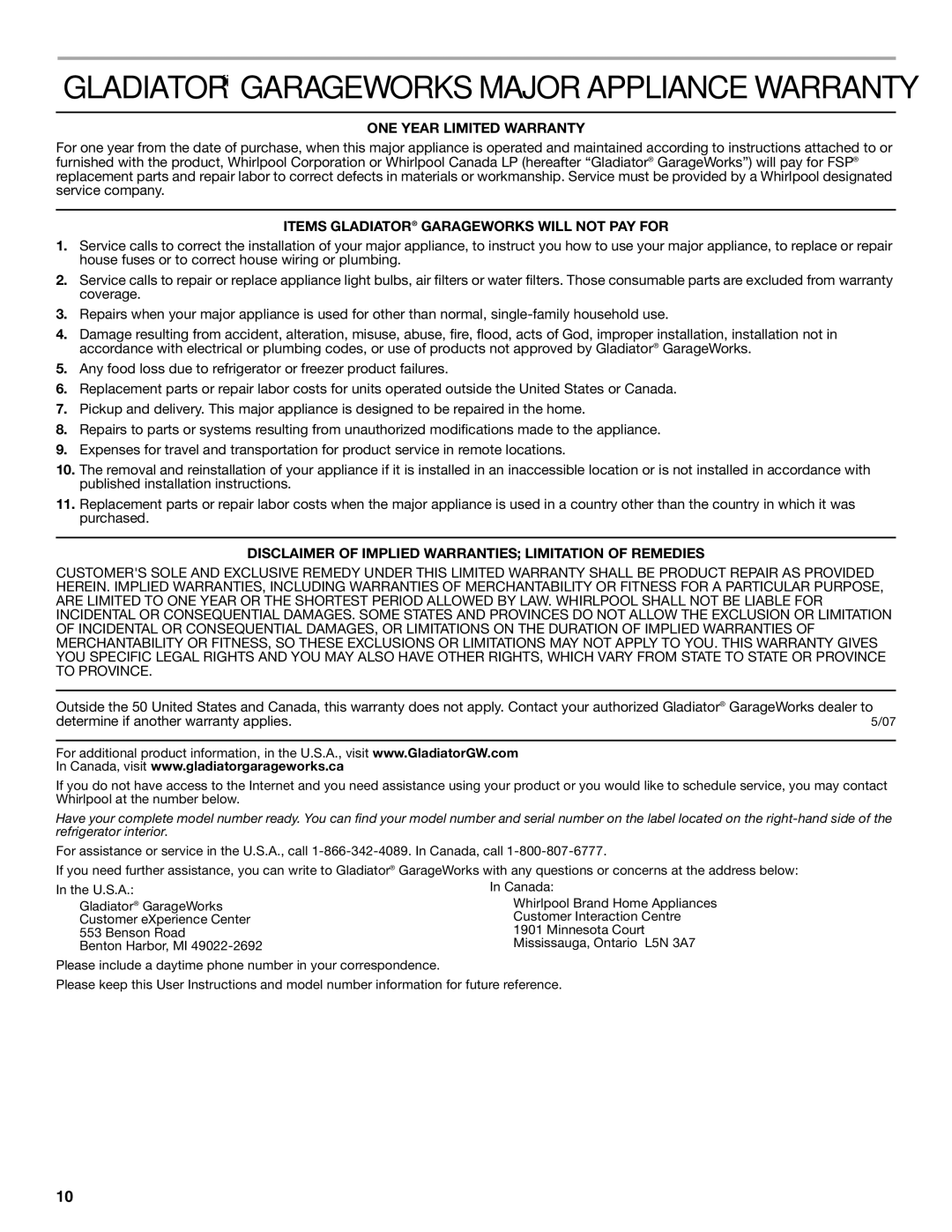 Gladiator Garageworks GARF19XXVK, W10131416A manual Gladiator Garageworks Major Appliance Warranty 