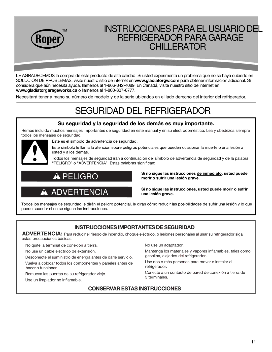 Gladiator Garageworks W10131416A, GARF19XXVK manual Refrigerador Para Garage Chillerator, Seguridad DEL Refrigerador 