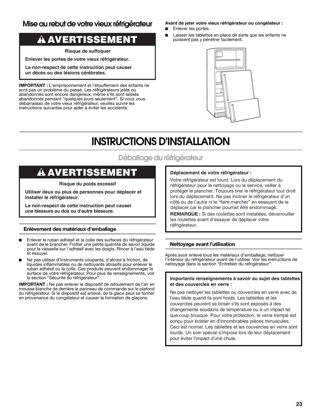 Gladiator Garageworks W10131416A Instructions Dinstallation, Déballage du réfrigérateur, Nettoyage avant l’utilisation 