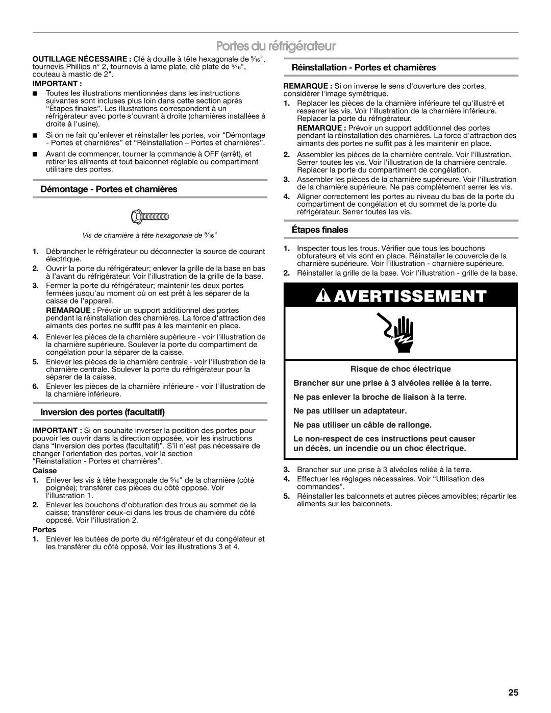 Gladiator Garageworks W10131416A Portes du réfrigérateur, Démontage Portes et charnières, Inversion des portes facultatif 