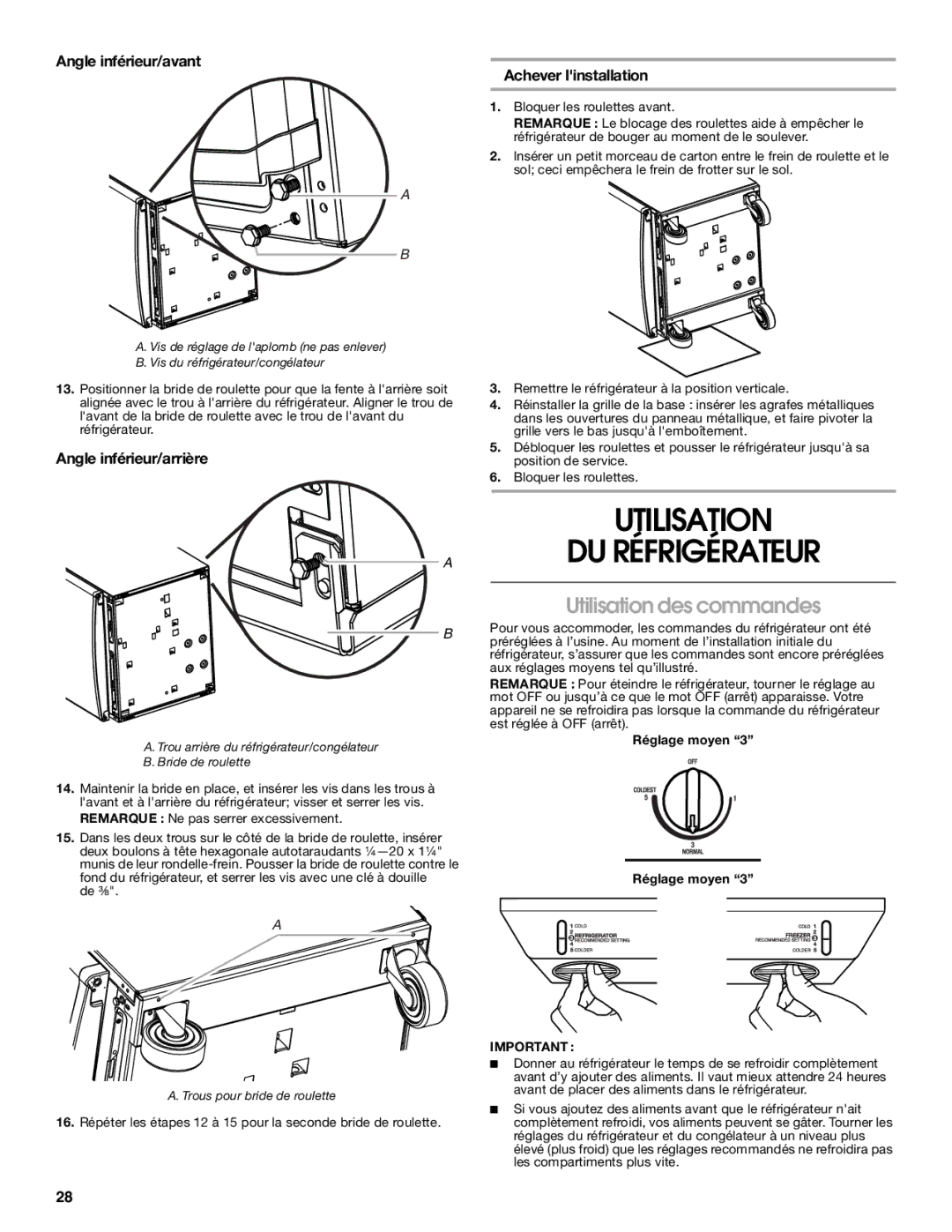 Gladiator Garageworks GARF19XXVK manual Utilisation DU Réfrigérateur, Utilisation des commandes, Angle inférieur/arrière 