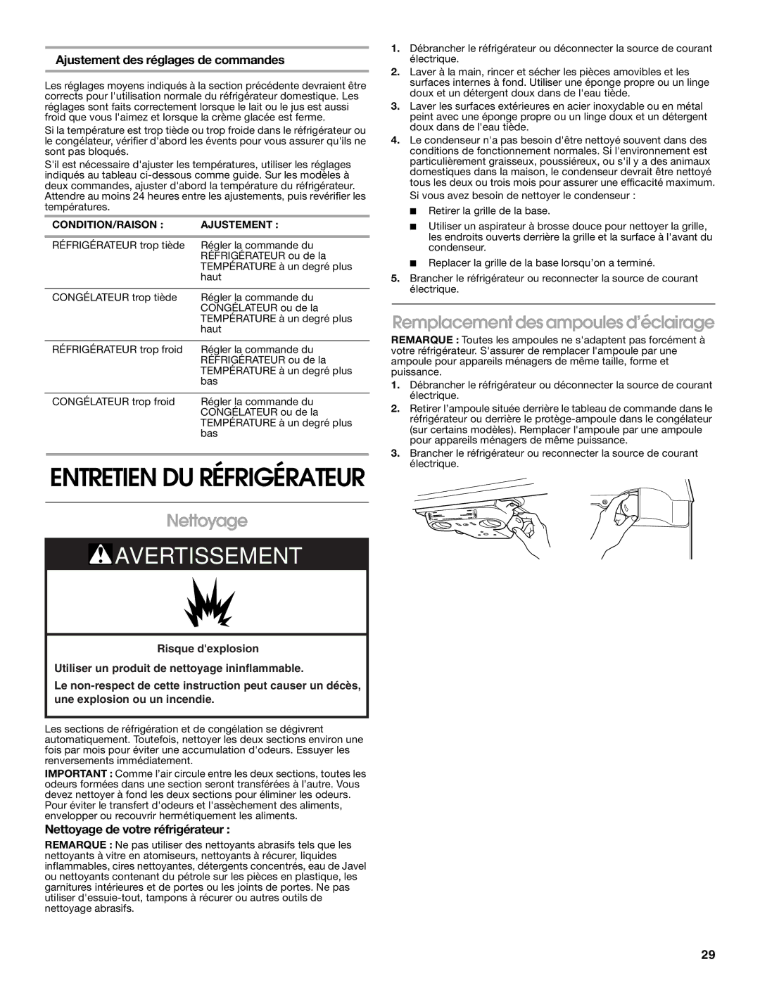 Gladiator Garageworks W10131416A Nettoyage, Remplacement des ampoules d’éclairage, Ajustement des réglages de commandes 