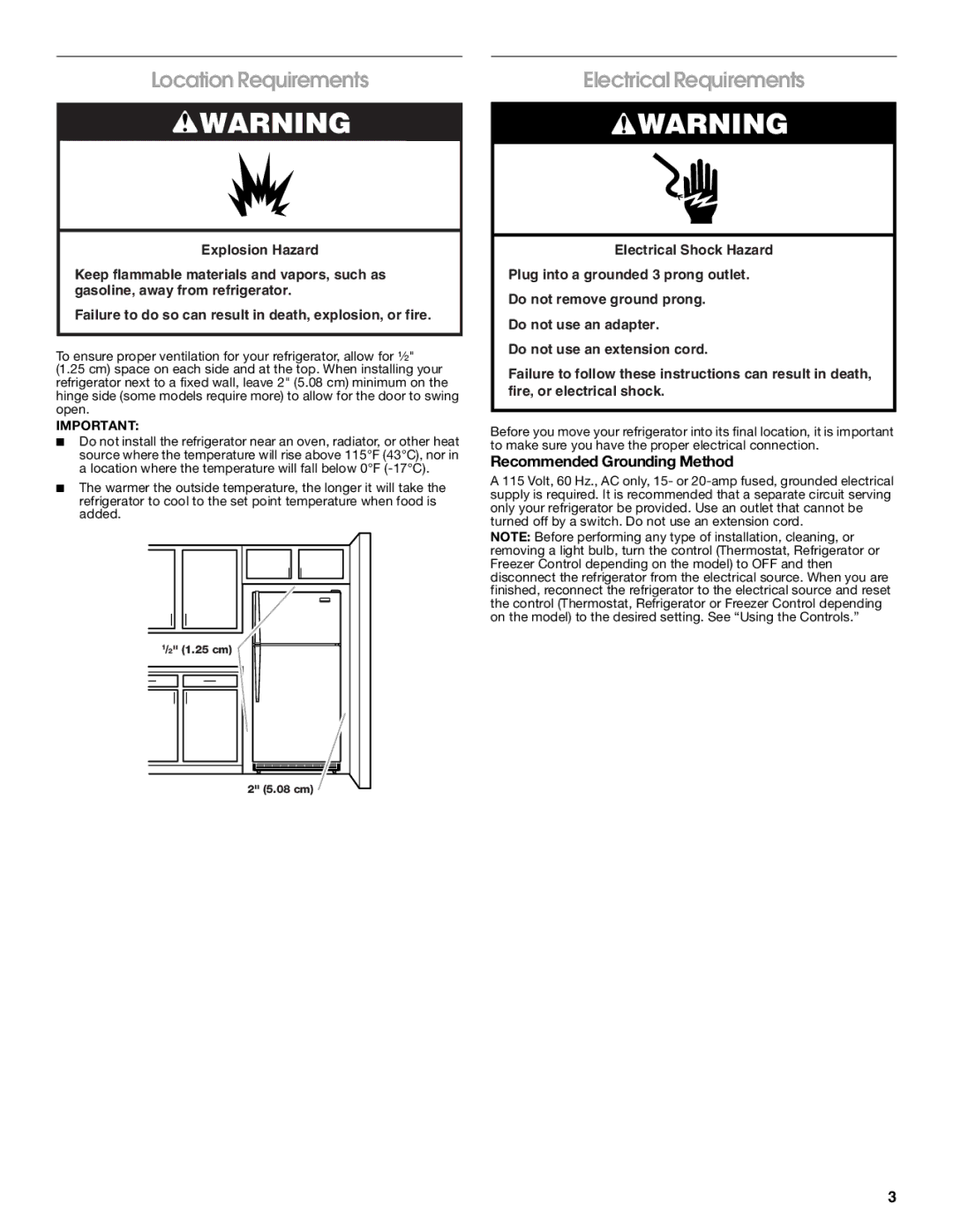 Gladiator Garageworks W10131416A, GARF19XXVK Location Requirements, Electrical Requirements, Recommended Grounding Method 