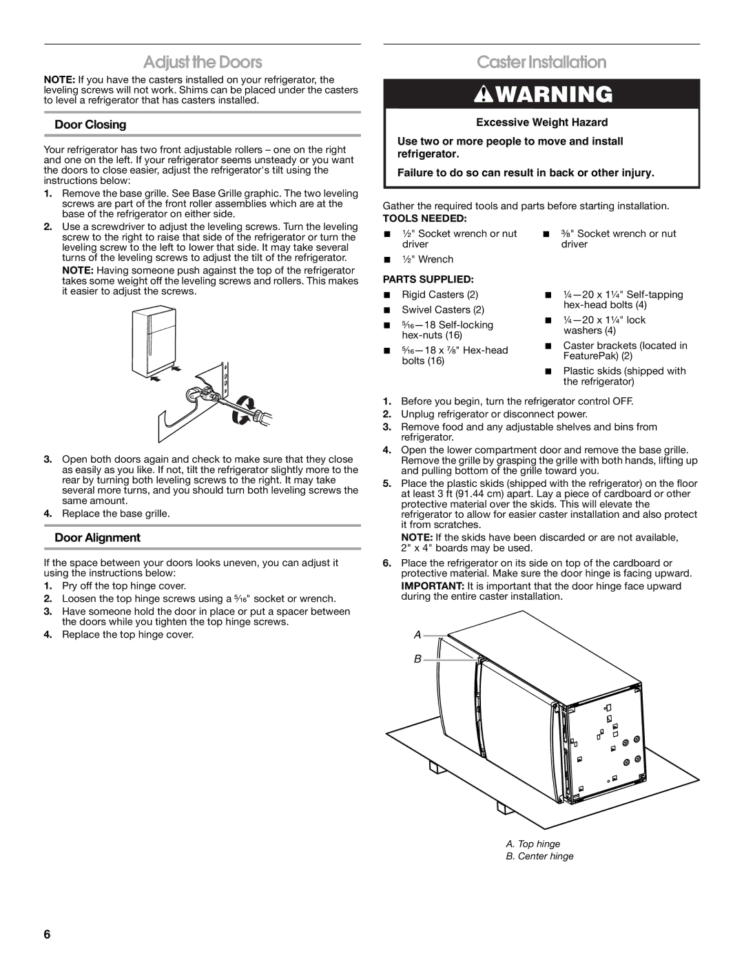 Gladiator Garageworks GARF19XXVK, W10131416A manual Adjust the Doors, Caster Installation, Door Closing, Door Alignment 