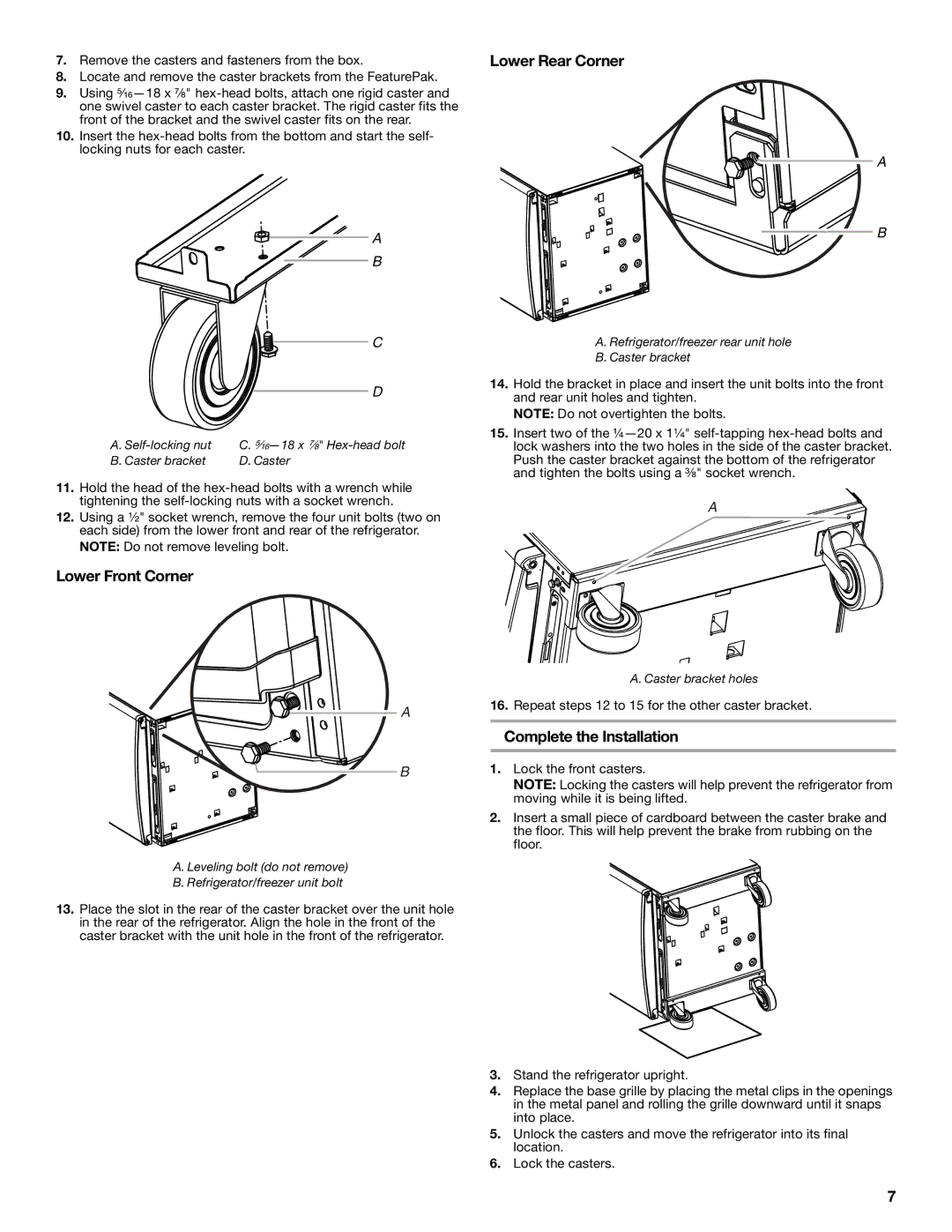 Gladiator Garageworks W10131416A, GARF19XXVK manual Lower Front Corner, Lower Rear Corner, Complete the Installation 