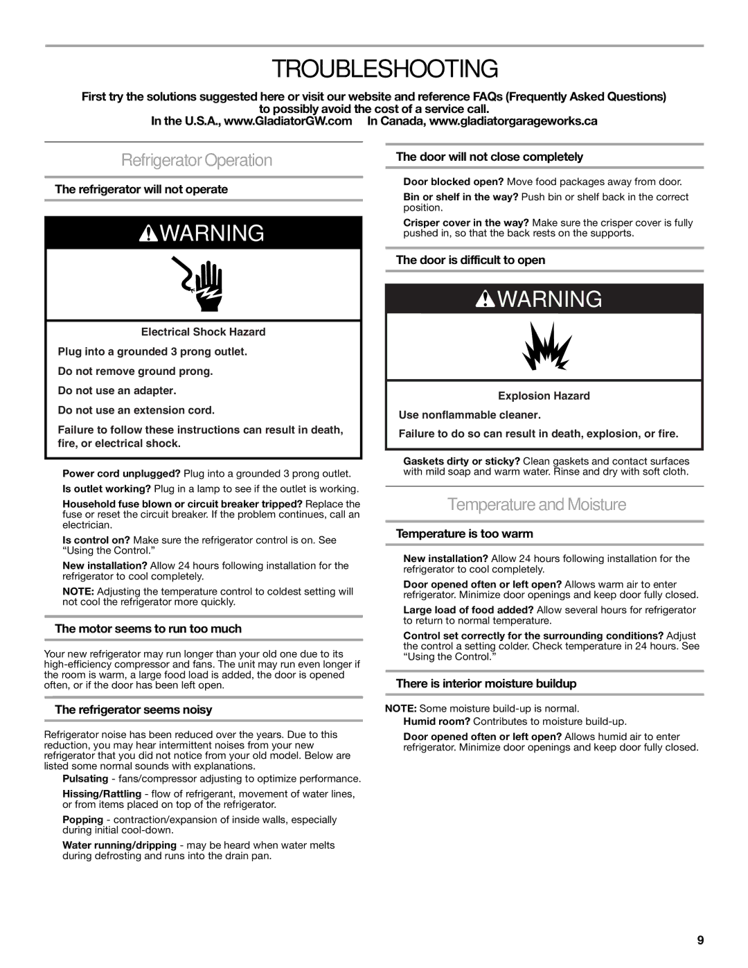 Gladiator Garageworks W10131416A, GARF19XXVK manual Troubleshooting, Refrigerator Operation, Temperature and Moisture 