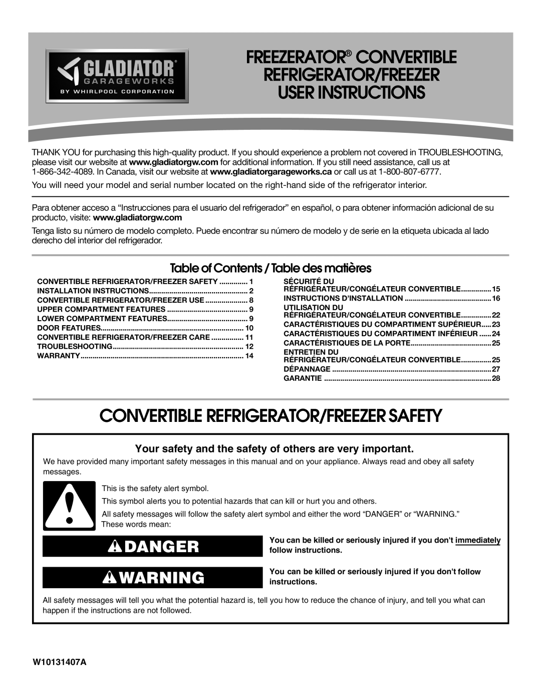 Gladiator Garageworks W10131407A manual Convertible REFRIGERATOR/FREEZER Safety, Table of Contents / Table des matières 