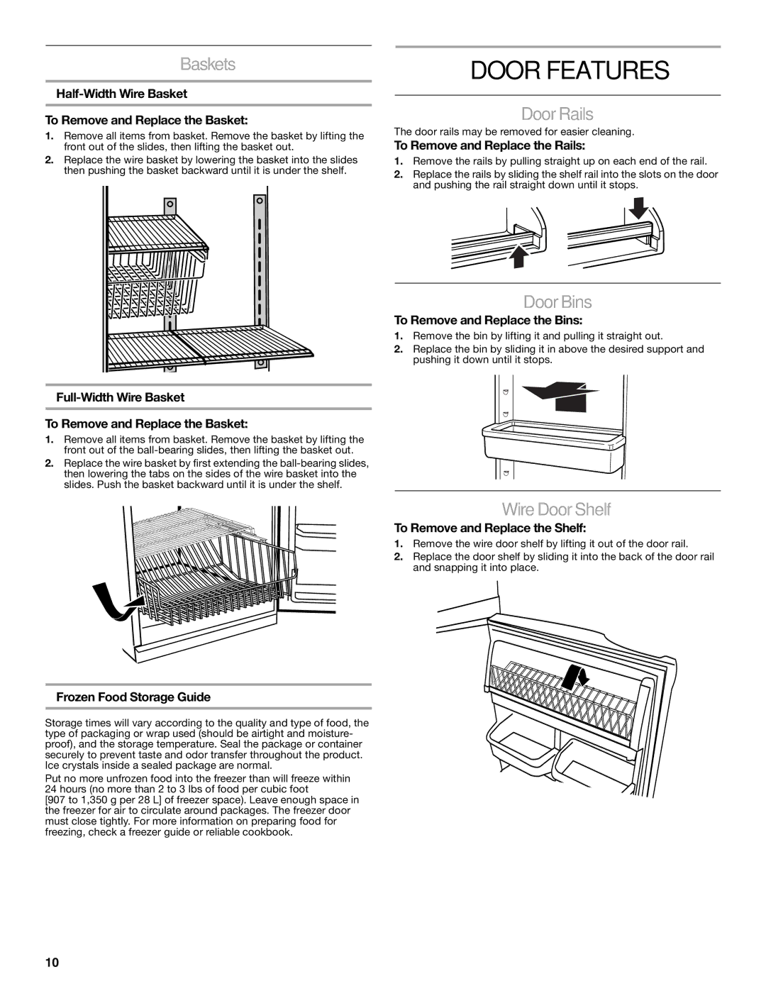 Gladiator Garageworks W10131407A manual Door Features, Baskets, Door Rails, Door Bins, Wire Door Shelf 