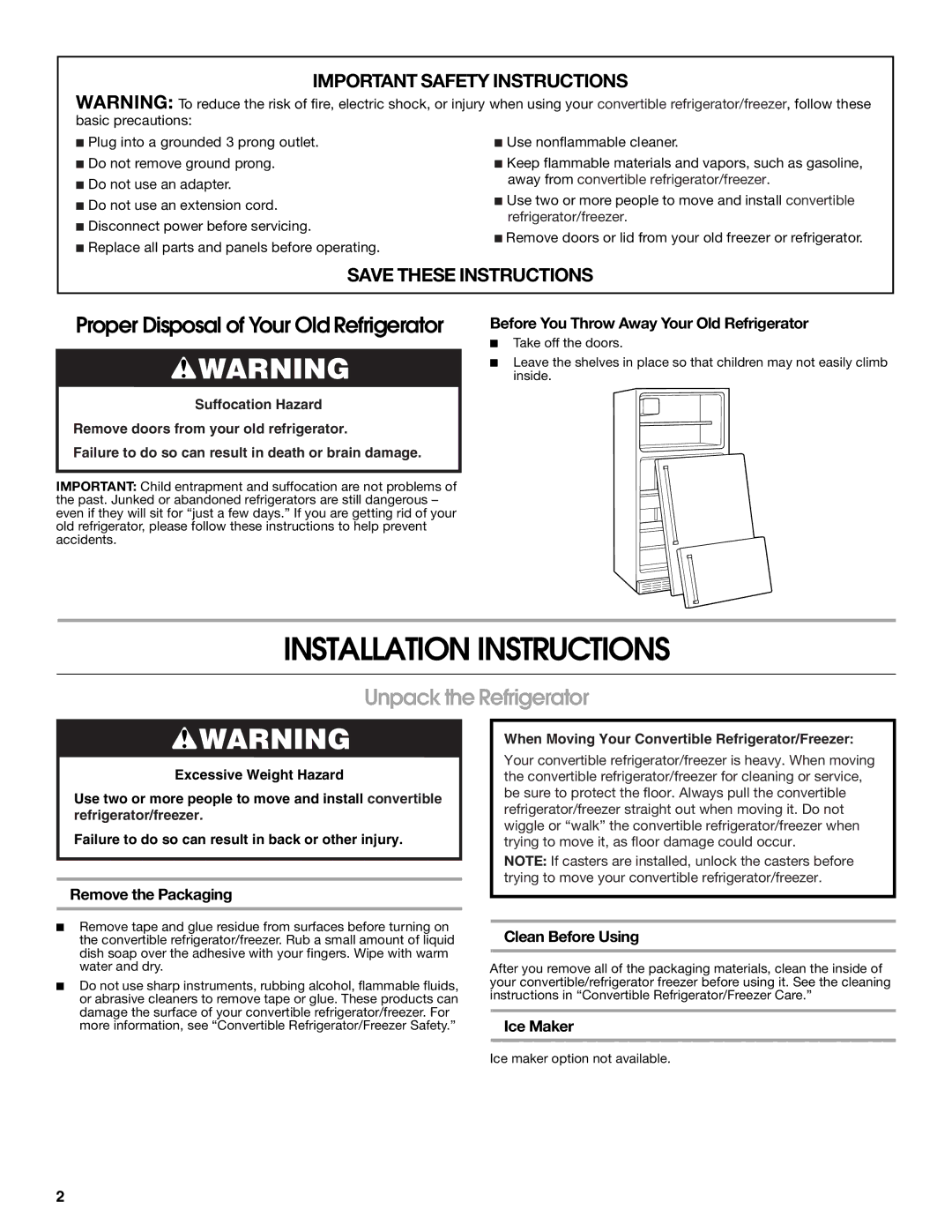 Gladiator Garageworks W10131407A manual Installation Instructions, Unpack the Refrigerator 