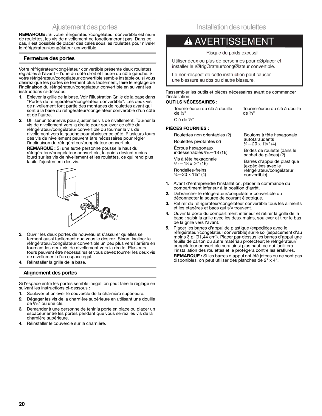 Gladiator Garageworks W10131407A manual Ajustement des portes, Installation des roulettes, Fermeture des portes 