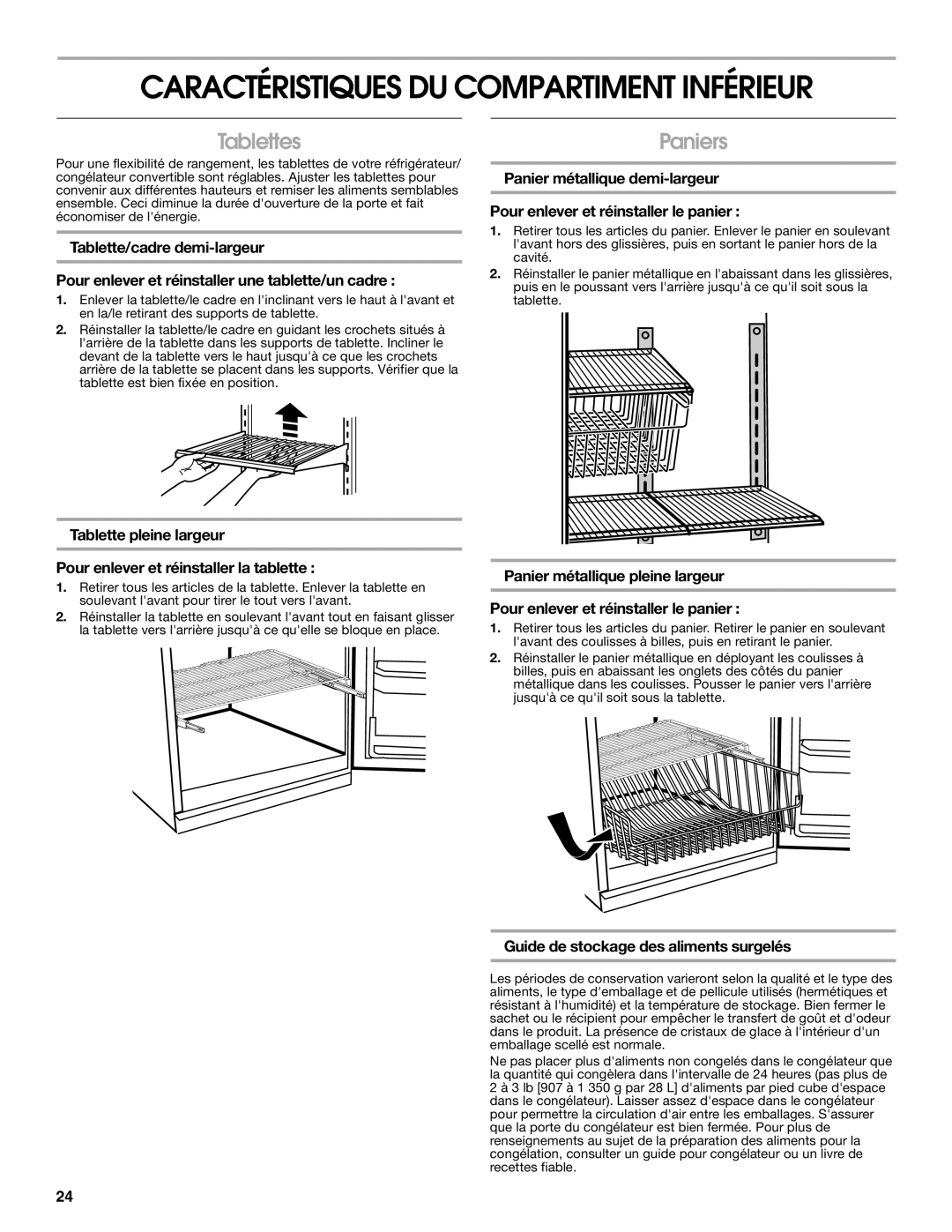 Gladiator Garageworks W10131407A manual Tablettes, Paniers, Guide de stockage des aliments surgelés 