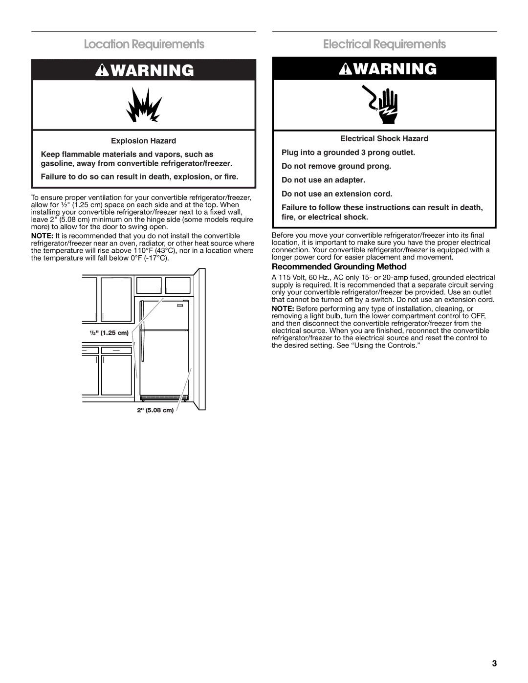 Gladiator Garageworks W10131407A manual Location Requirements, Electrical Requirements, Recommended Grounding Method 