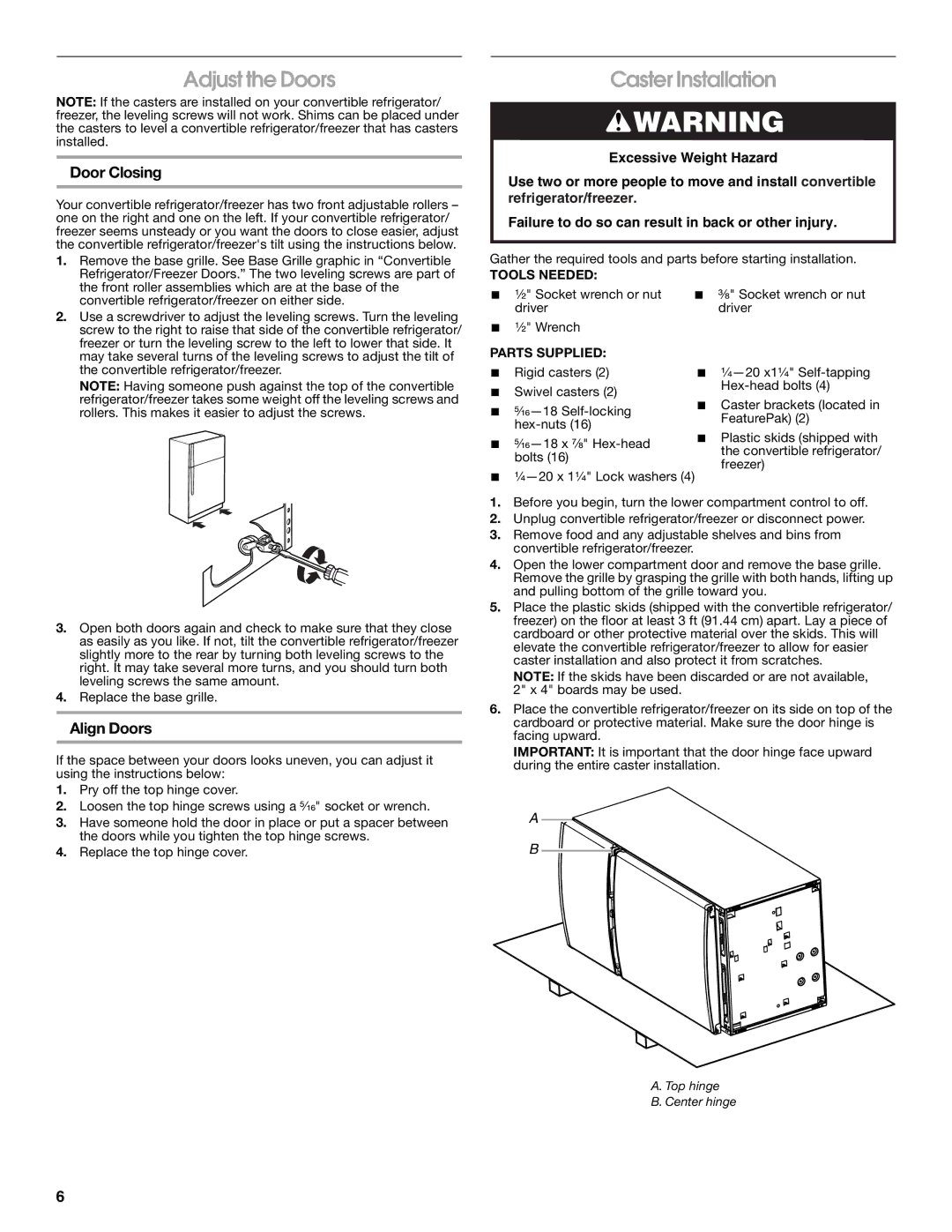 Gladiator Garageworks W10131407A manual Adjust the Doors, Caster Installation, Door Closing, Align Doors 