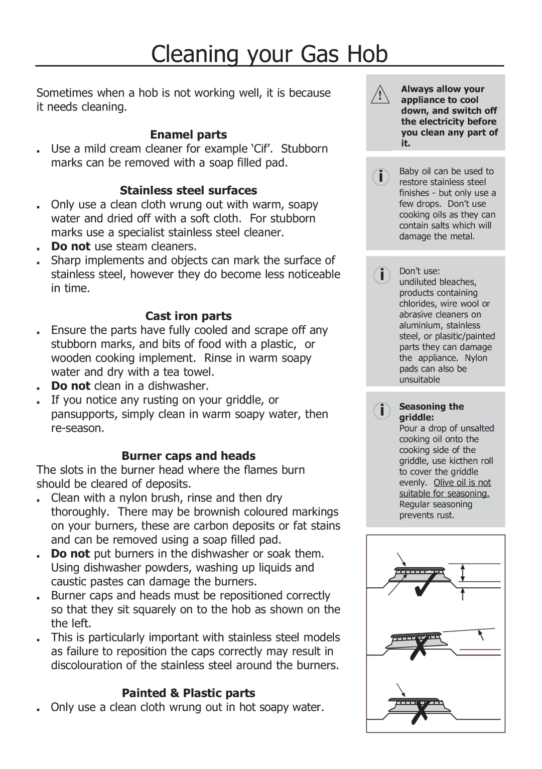 Glen Dimplex Home Appliances Ltd 100, 110 GT manual Cleaning your Gas Hob 