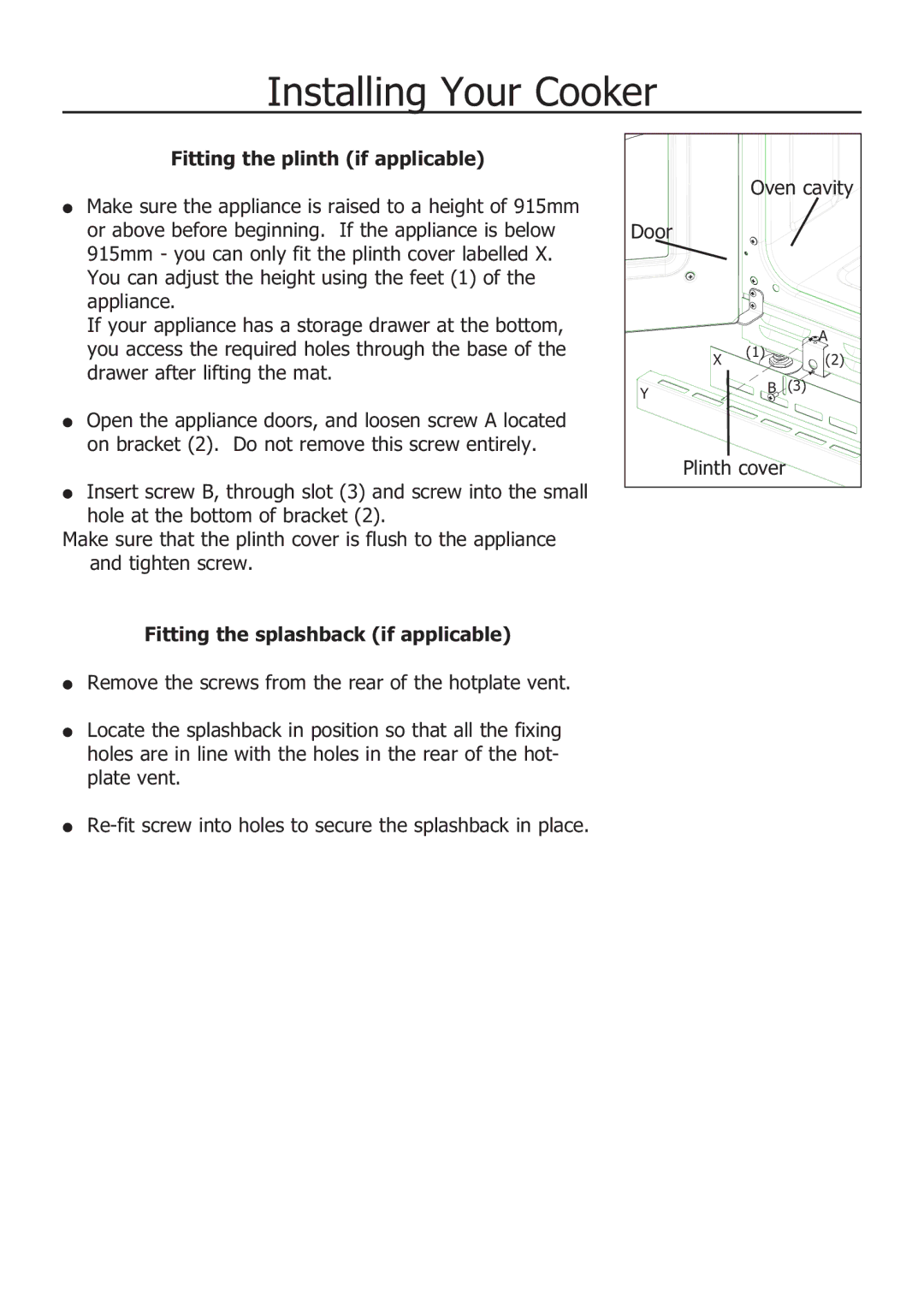 Glen Dimplex Home Appliances Ltd 100 Fitting the plinth if applicable, Oven cavity, Fitting the splashback if applicable 