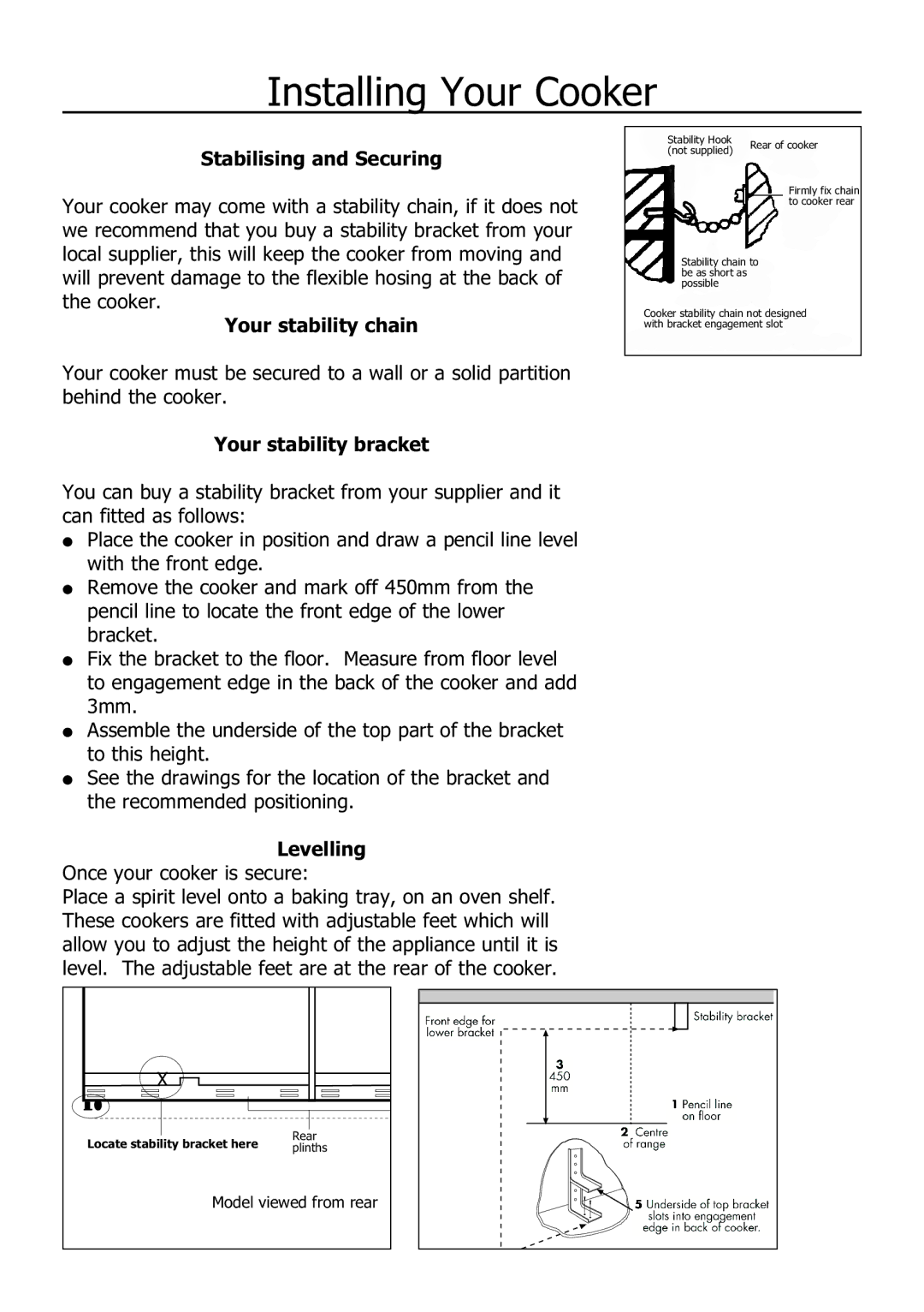 Glen Dimplex Home Appliances Ltd 110 GT Stabilising and Securing, Your stability chain, Your stability bracket, Levelling 