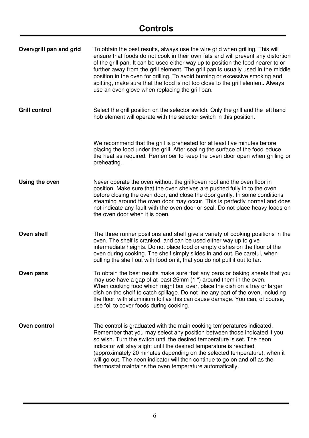 Glen Dimplex Home Appliances Ltd 121R manual Oven/grill pan and grid, Grill control, Using the oven, Oven shelf, Oven pans 
