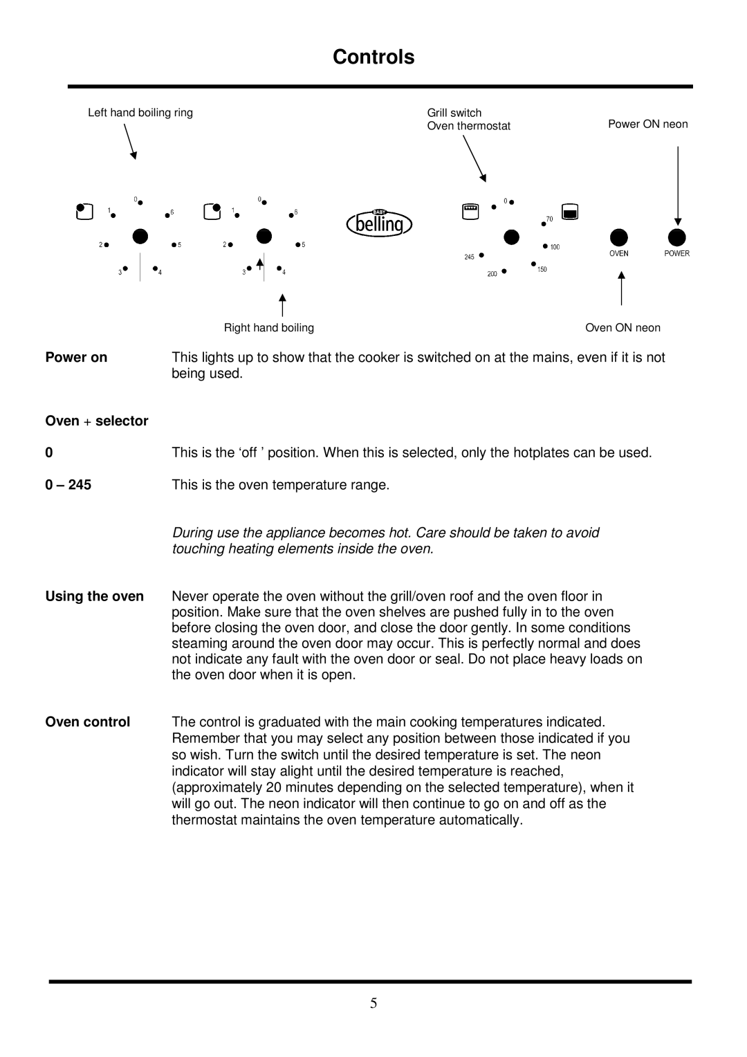 Glen Dimplex Home Appliances Ltd 321R manual Controls, Power on, Oven + selector, Using the oven, Oven control 