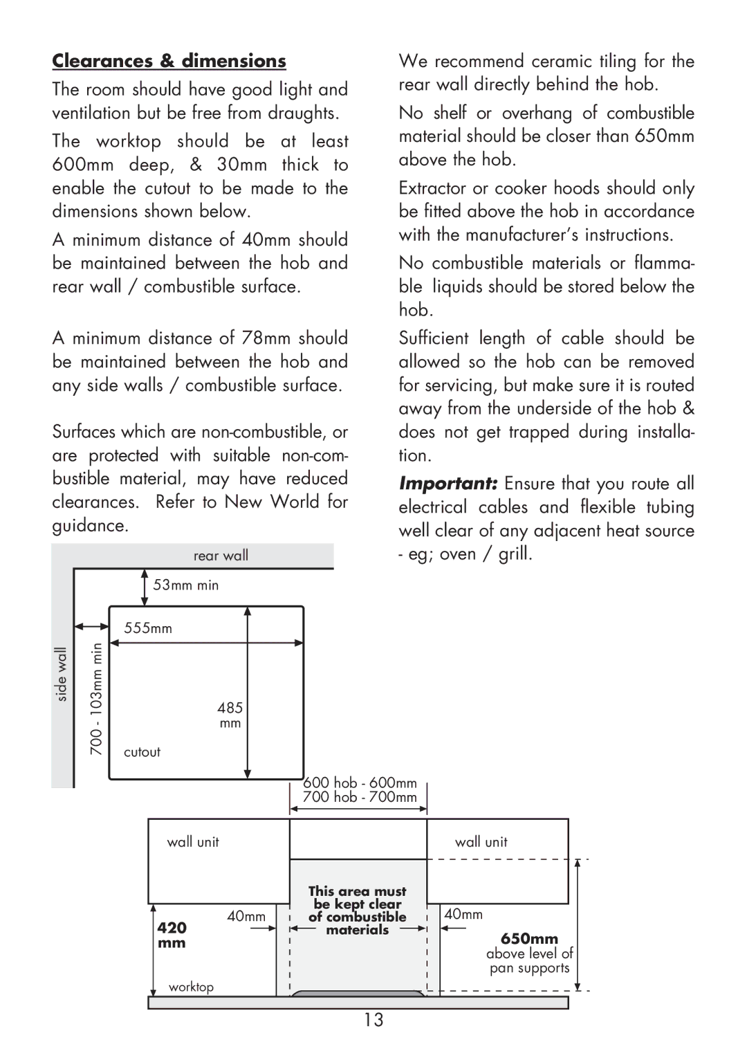 Glen Dimplex Home Appliances Ltd 60T, 70T installation instructions Clearances & dimensions 