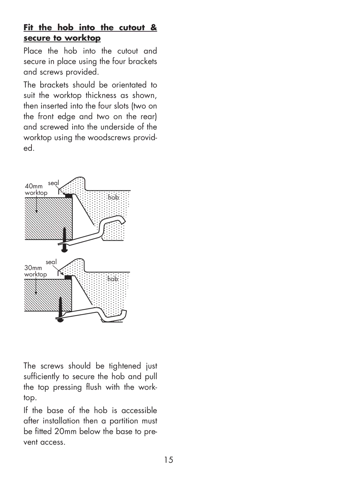 Glen Dimplex Home Appliances Ltd 60T, 70T installation instructions Fit the ho b i nto the cu tout & secure to worktop 