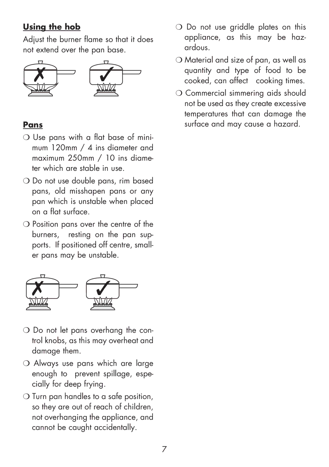 Glen Dimplex Home Appliances Ltd 60T, 70T installation instructions Using the hob, Pans 