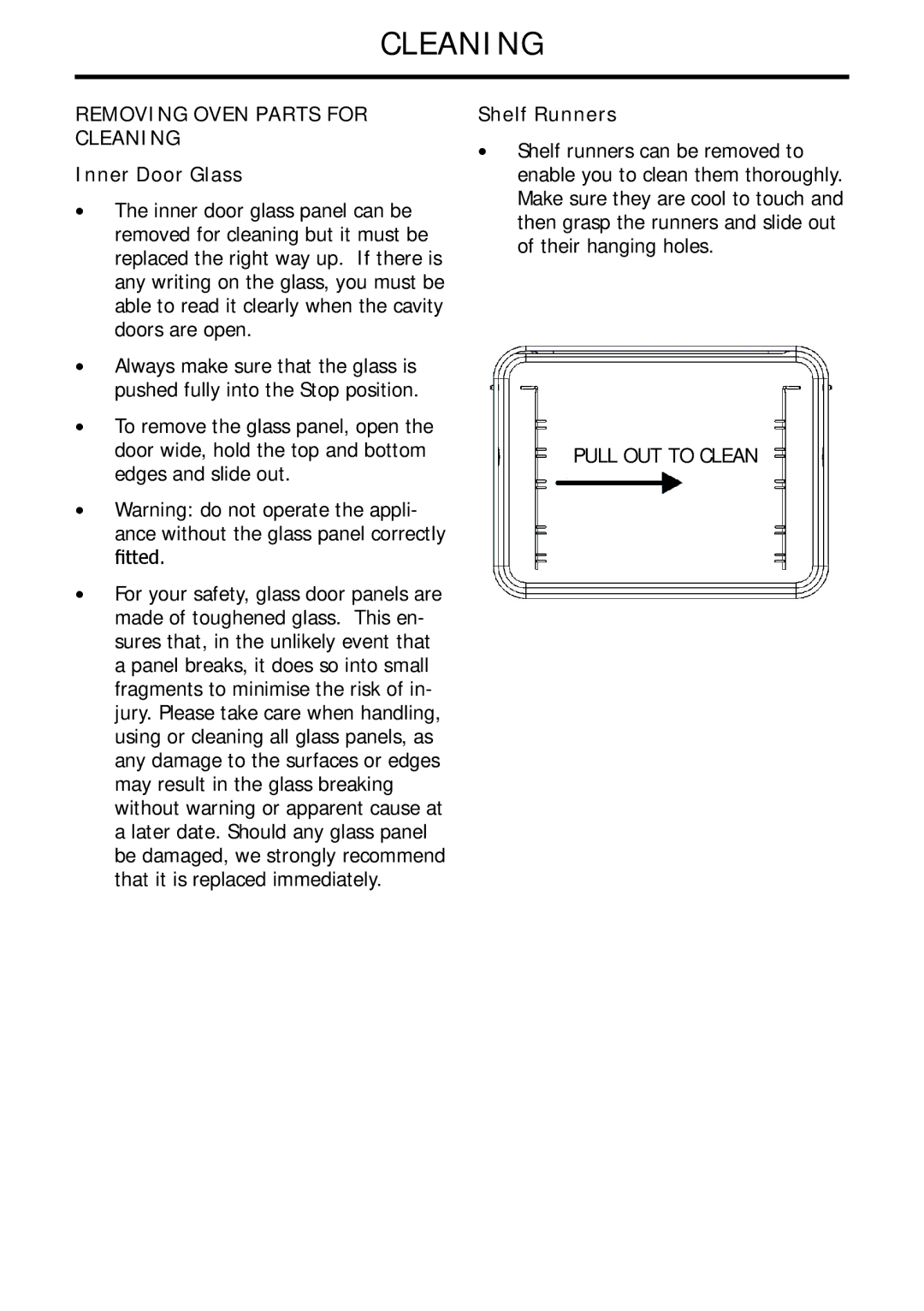 Glen Dimplex Home Appliances Ltd 82757900 manual Removing Oven Parts for Cleaning, Inner Door Glass, Shelf Runners 