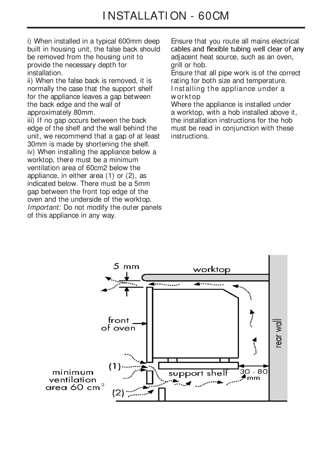 Glen Dimplex Home Appliances Ltd 82757900 manual Installation 60CM, Installing the appliance under a worktop 