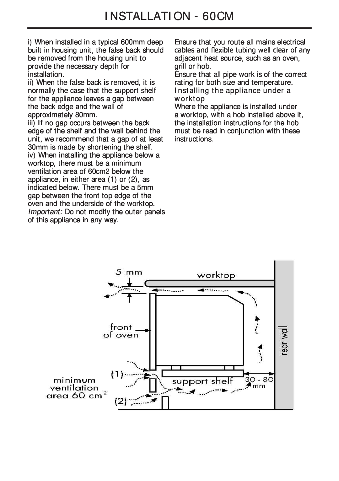 Glen Dimplex Home Appliances Ltd 82757900 manual INSTALLATION - 60CM, Installing the appliance under a worktop 