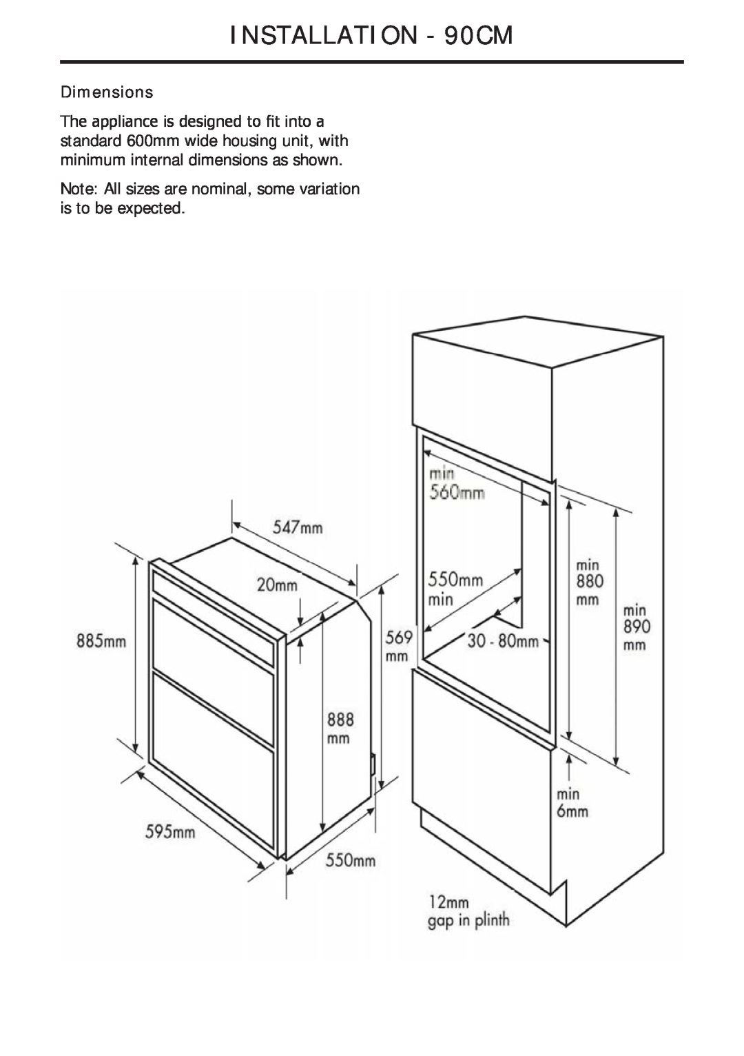 Glen Dimplex Home Appliances Ltd 82757900 manual INSTALLATION - 90CM, Dimensions 