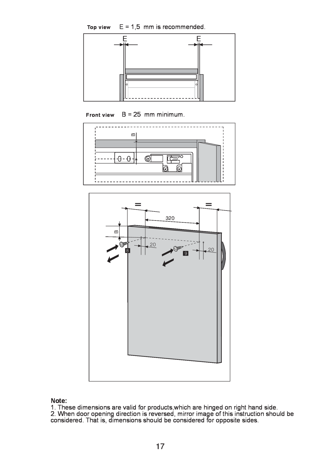 Glen Dimplex Home Appliances Ltd BE813 manual Top view E = 1,5 mm is recommended, B = 25 mm minimum, Front view 
