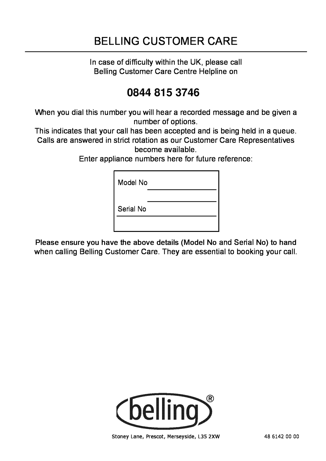 Glen Dimplex Home Appliances Ltd BE815 manual Belling Customer Care, 084471 