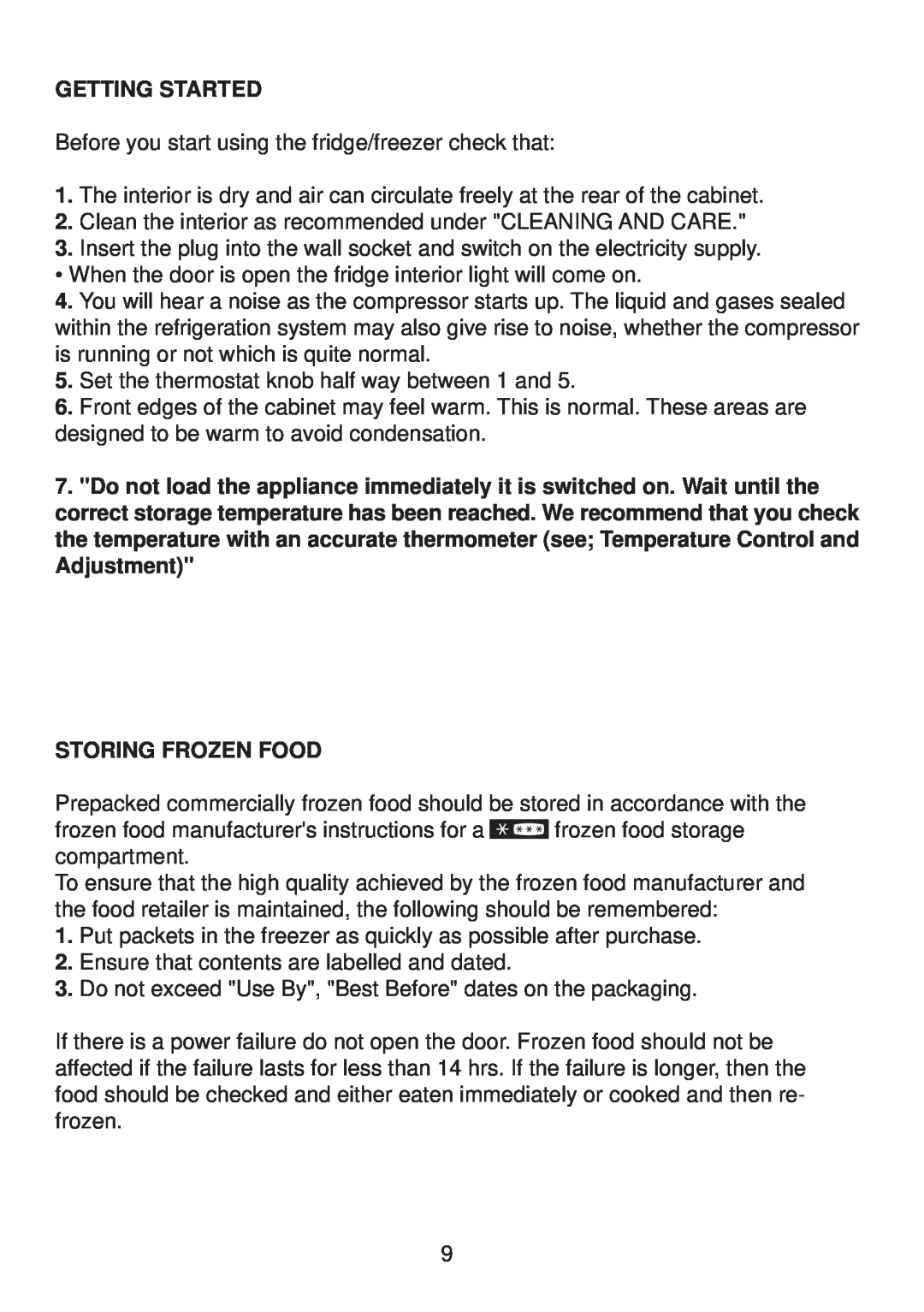 Glen Dimplex Home Appliances Ltd BE817 manual Getting Started, Storing Frozen Food 