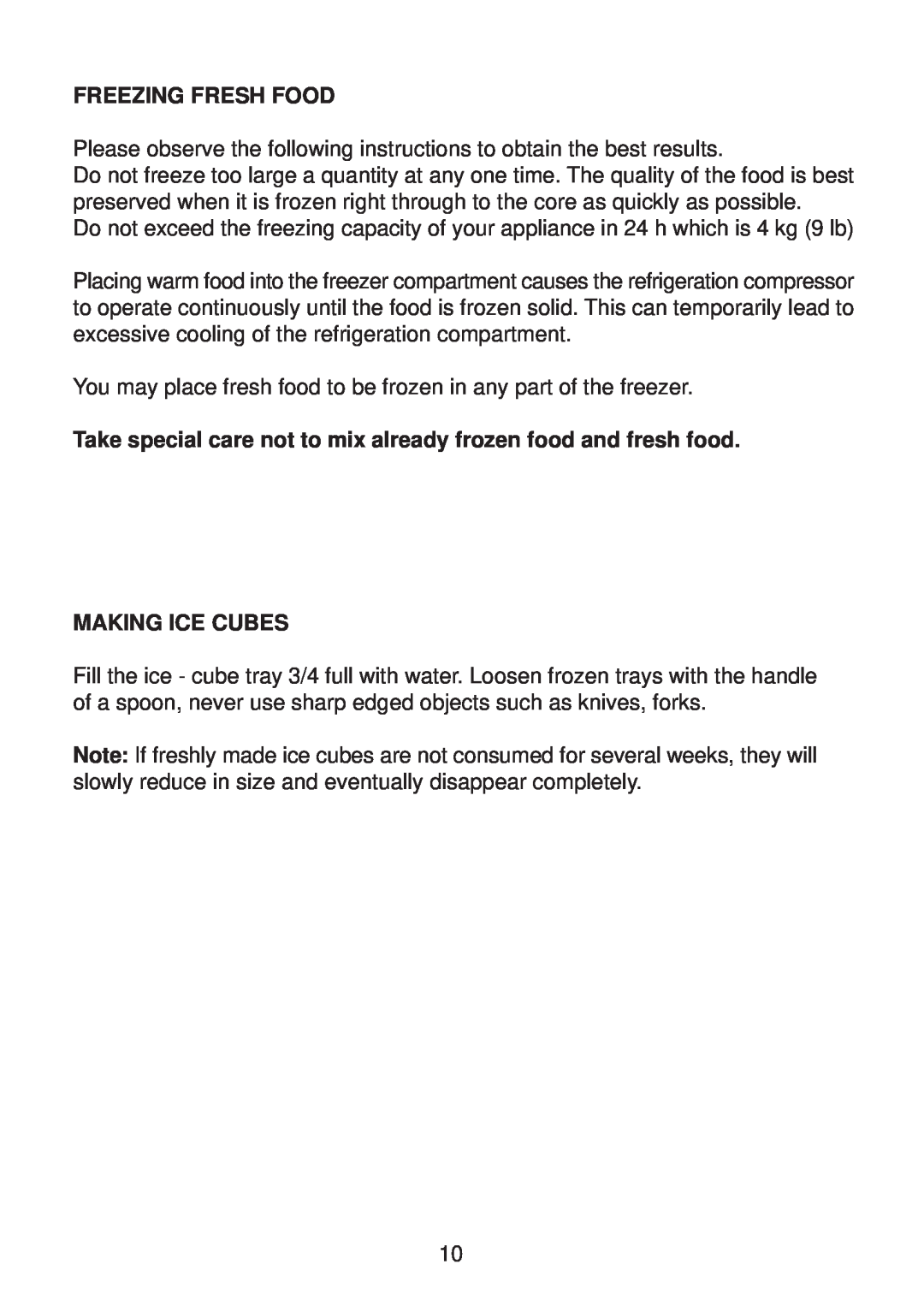 Glen Dimplex Home Appliances Ltd BE817 manual Freezing Fresh Food, Making Ice Cubes 