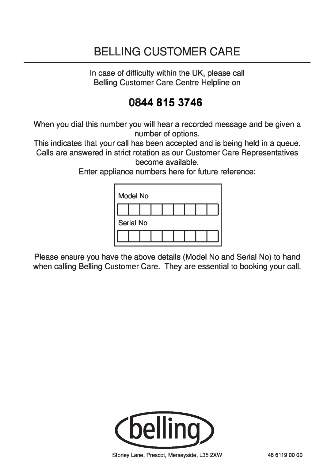 Glen Dimplex Home Appliances Ltd BE817 manual Belling Customer Care, 0844 815 