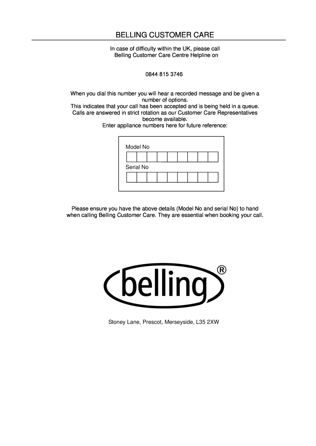 Glen Dimplex Home Appliances Ltd BEL MW60G instruction manual Belling Customer Care 