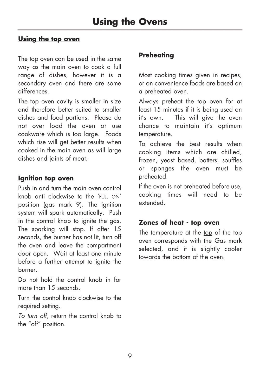 Glen Dimplex Home Appliances Ltd BI 70 G manual Using the top oven, Ignition top oven, Zones of heat top oven 