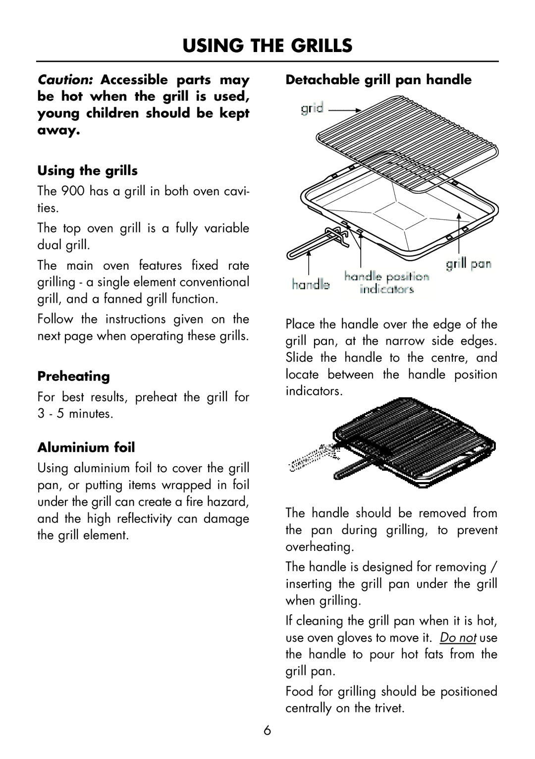 Glen Dimplex Home Appliances Ltd BI 90 MF manual Using the Grills, Using the grills, Preheating, Aluminium foil 