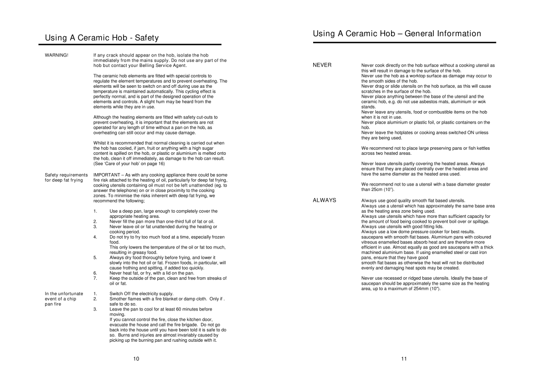 Glen Dimplex Home Appliances Ltd CTC60 manual Using a Ceramic Hob Safety, Using a Ceramic Hob General Information 