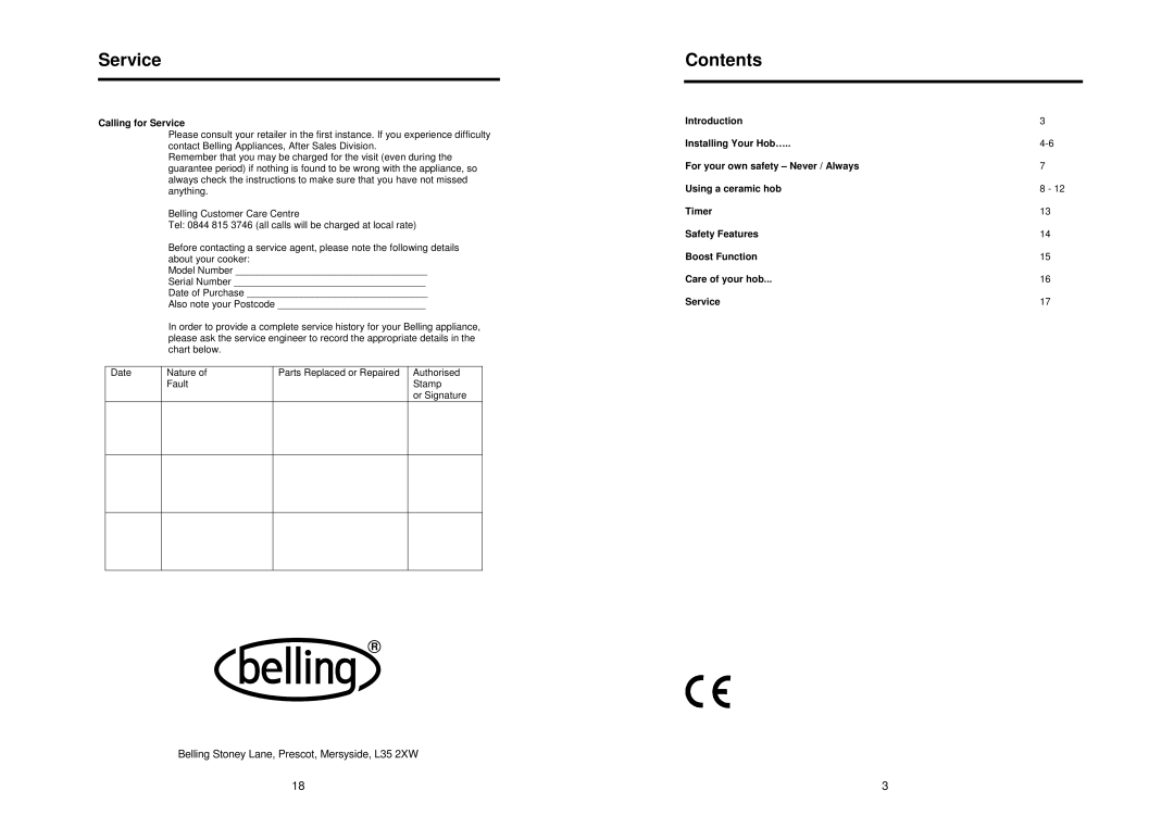 Glen Dimplex Home Appliances Ltd CTC60 manual Service, Contents 