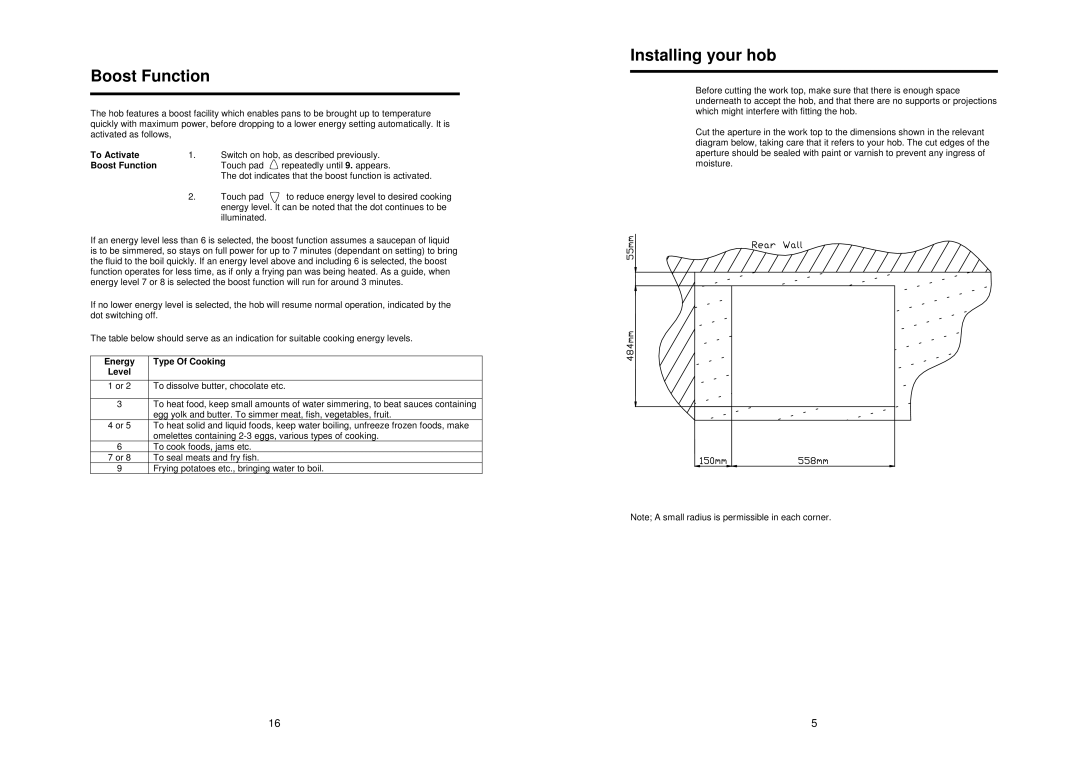 Glen Dimplex Home Appliances Ltd CTC60 manual Boost Function, Installing your hob, To Activate, Energy Type Of Cooking 