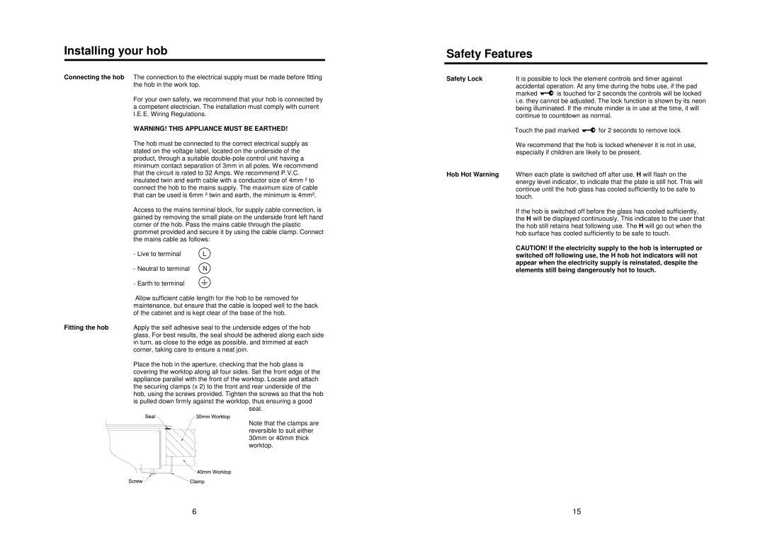 Glen Dimplex Home Appliances Ltd CTC60 manual Safety Features, Fitting the hob, Safety Lock 