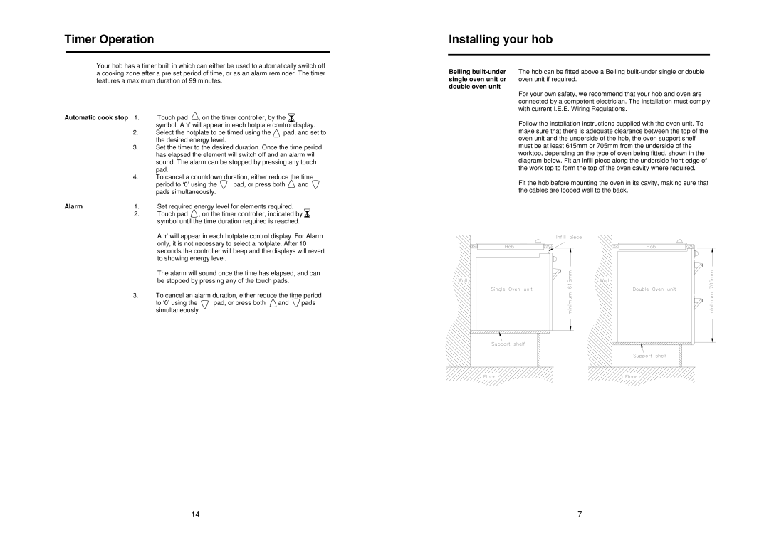 Glen Dimplex Home Appliances Ltd CTC60 manual Timer Operation Installing your hob, Automatic cook stop, Alarm 