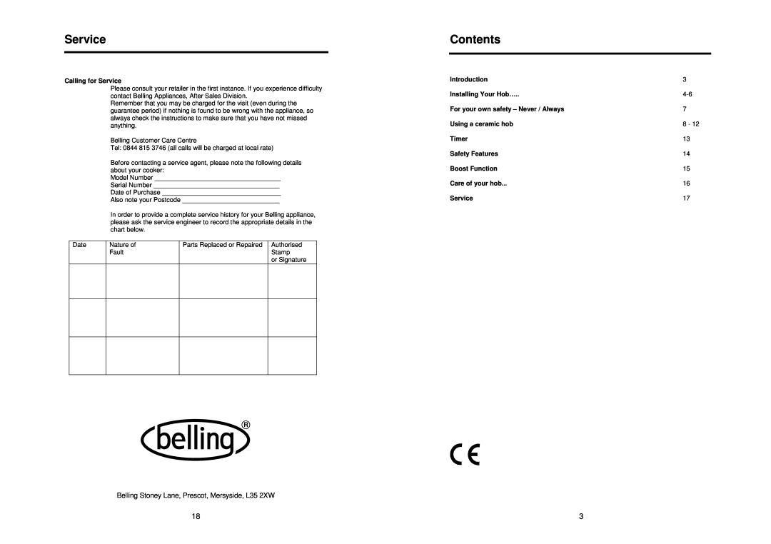 Glen Dimplex Home Appliances Ltd CTC60 manual Contents, Calling for Service, Introduction, Installing Your Hob…, Timer 