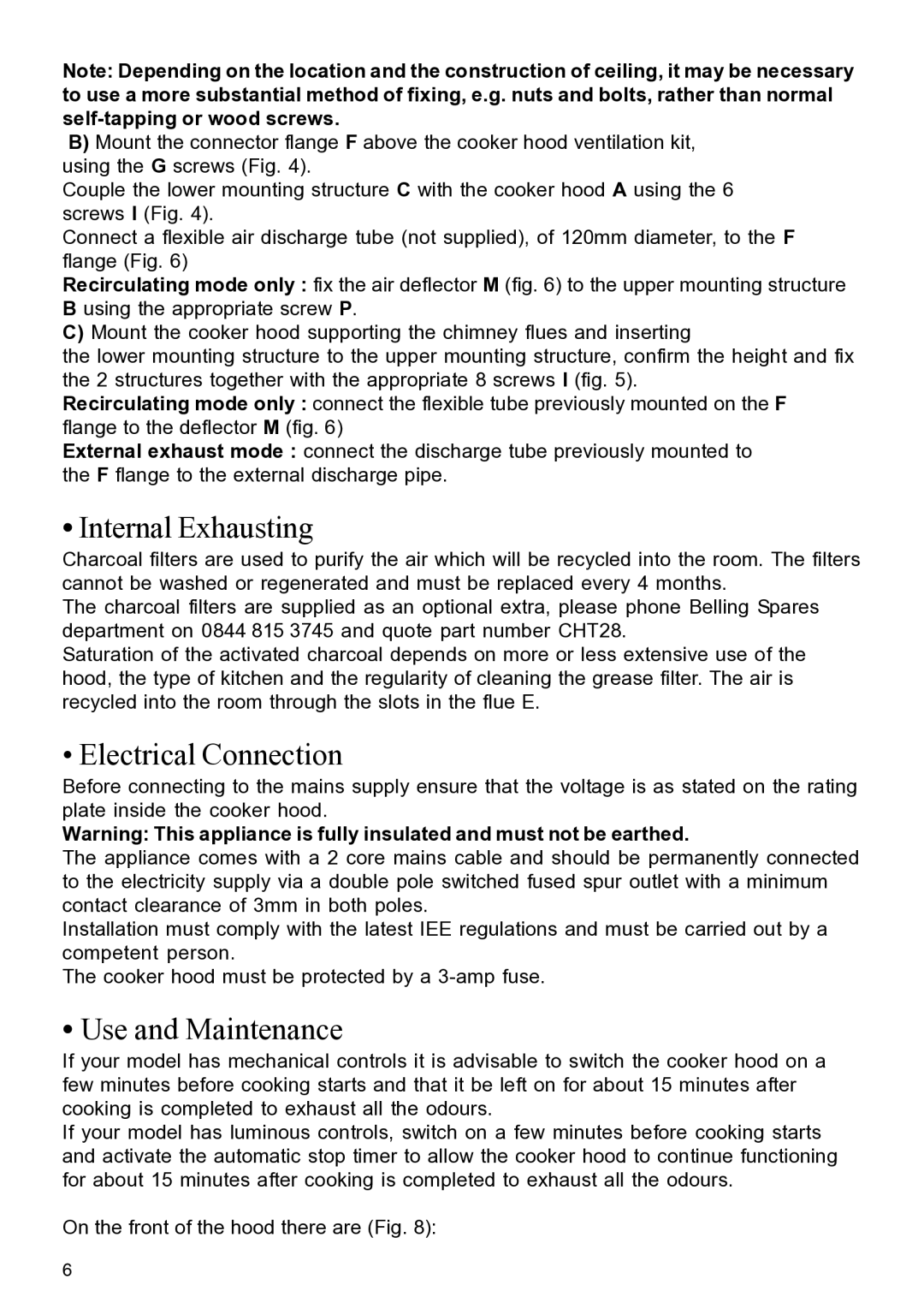 Glen Dimplex Home Appliances Ltd DIH900 manual Internal Exhausting, Electrical Connection, Use and Maintenance 