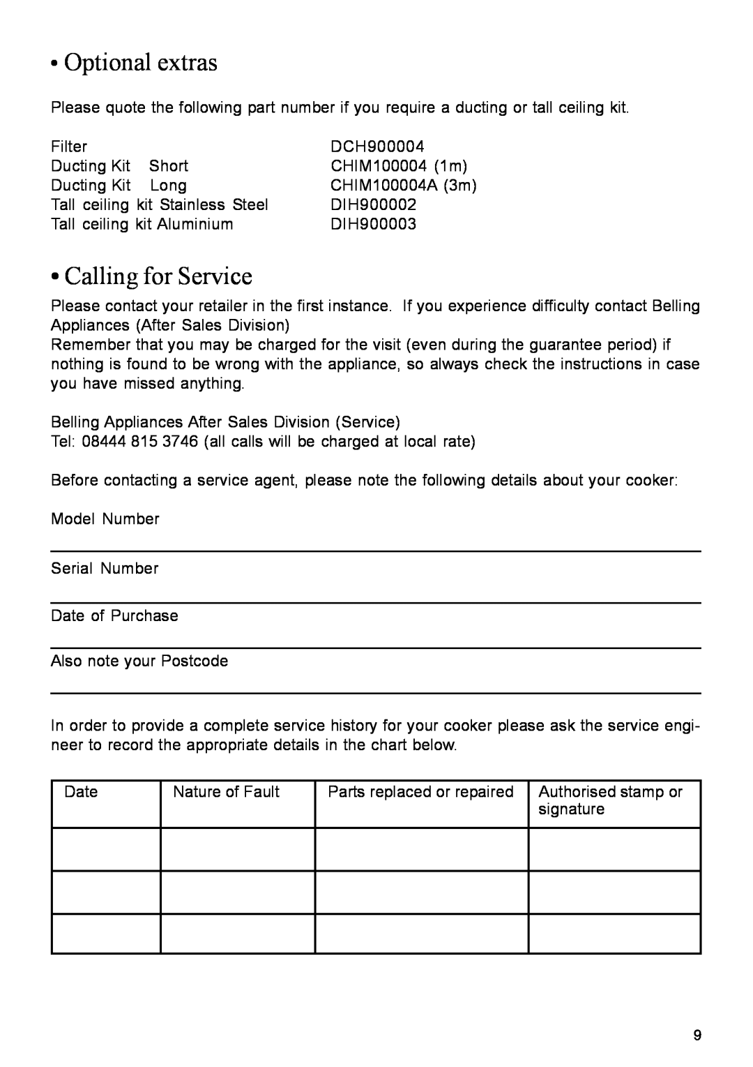 Glen Dimplex Home Appliances Ltd DIH900 manual •Optional extras, •Calling for Service 